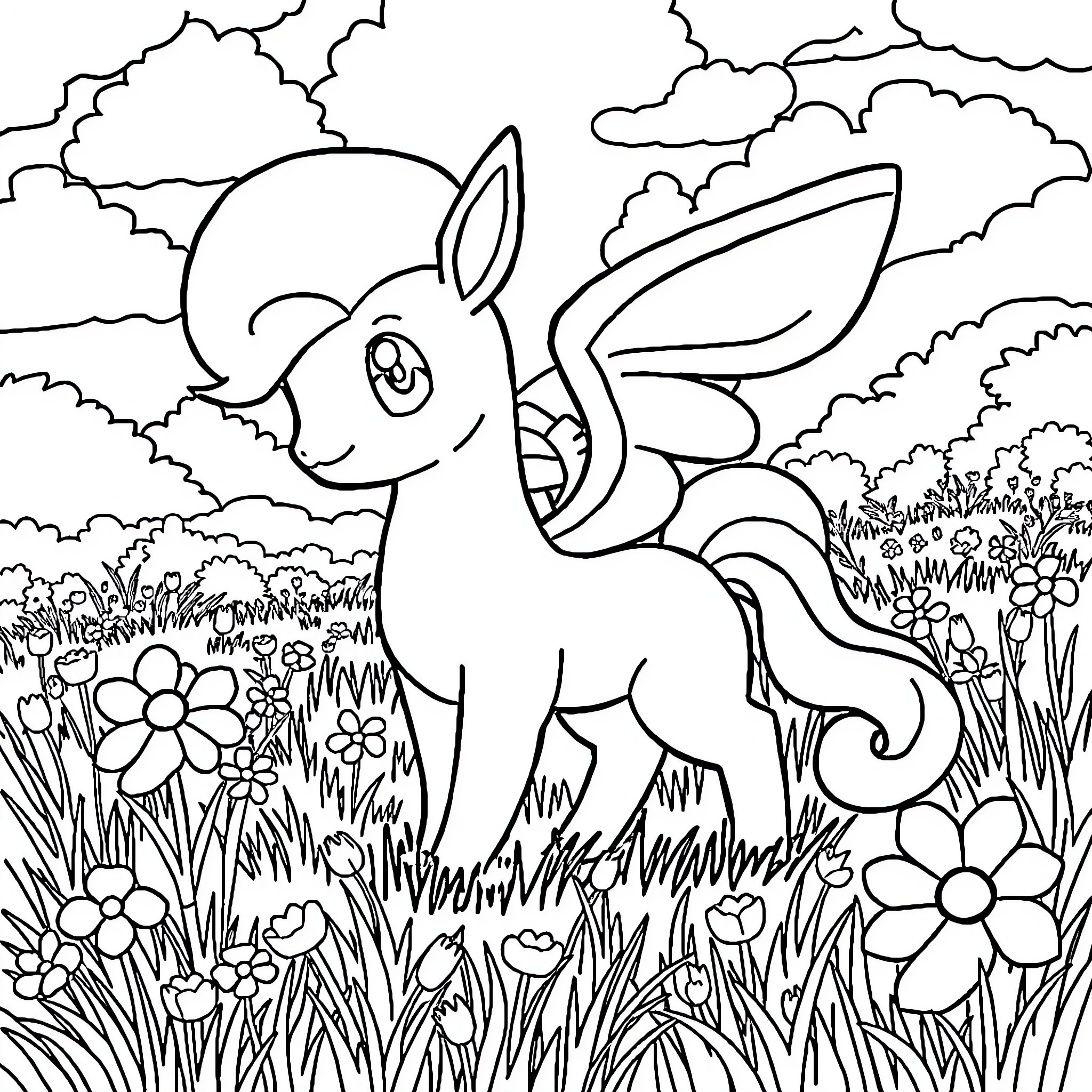Keldeo frolicking in a flowery meadow Coloring Page (free black-and-white line drawing printable PDF for all, from beginners to advanced learners, including children, teens, adults, and seniors)