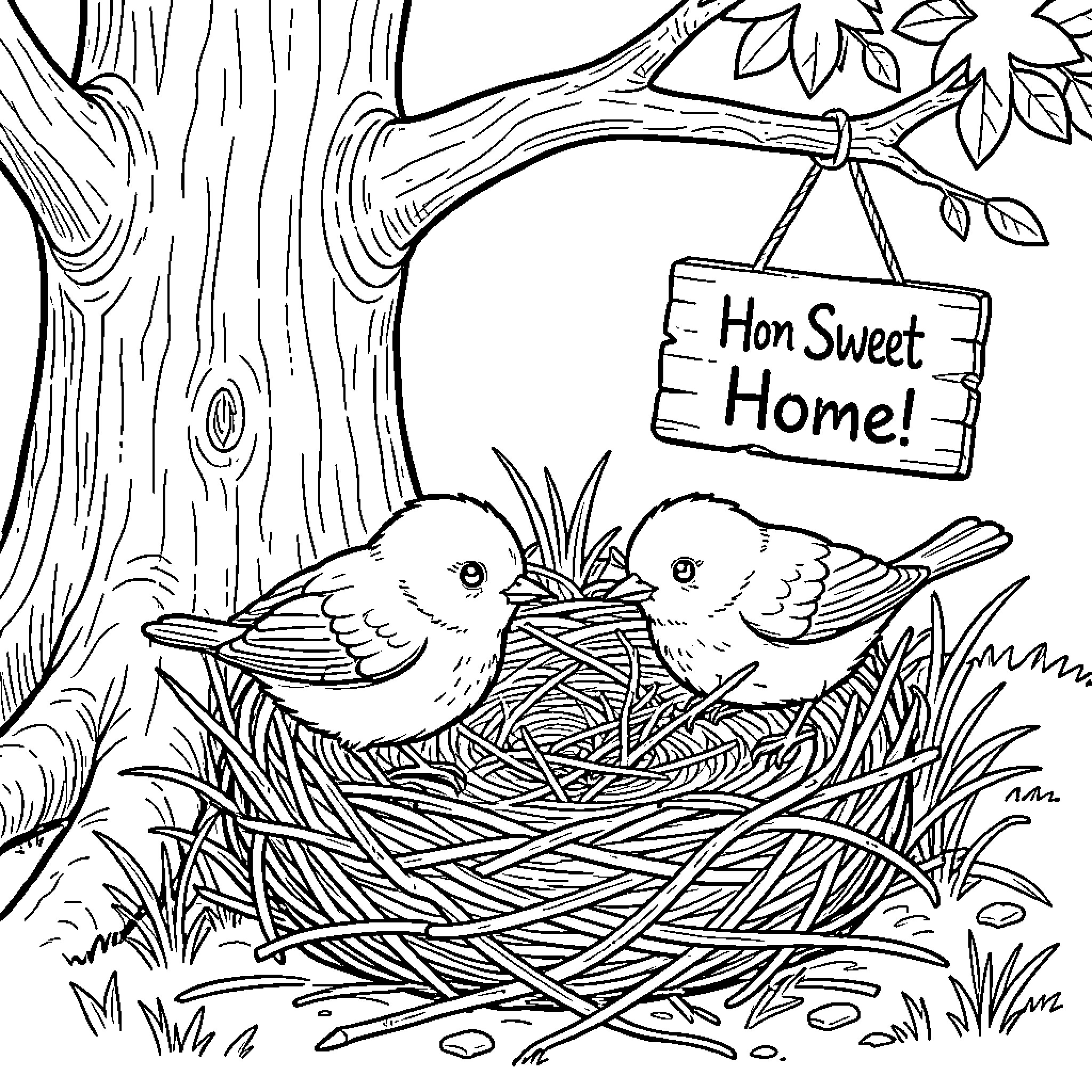 Birds nesting with welcoming sign in the tree Coloring Page (free black-and-white line drawing printable PDF for all, from beginners to advanced learners, including children, teens, adults, and seniors)