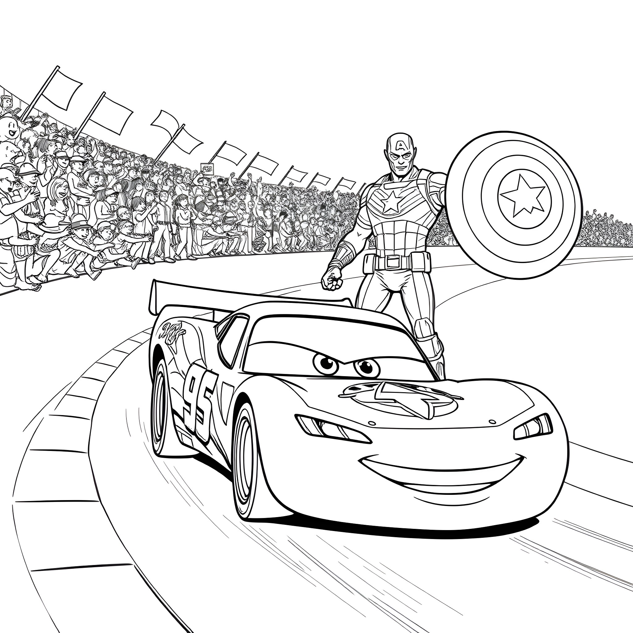 Lightning McQueen racing with Captain America in the crowd Coloring Page (free black-and-white line drawing printable PDF for all, from beginners to advanced learners, including children, teens, adults, and seniors)