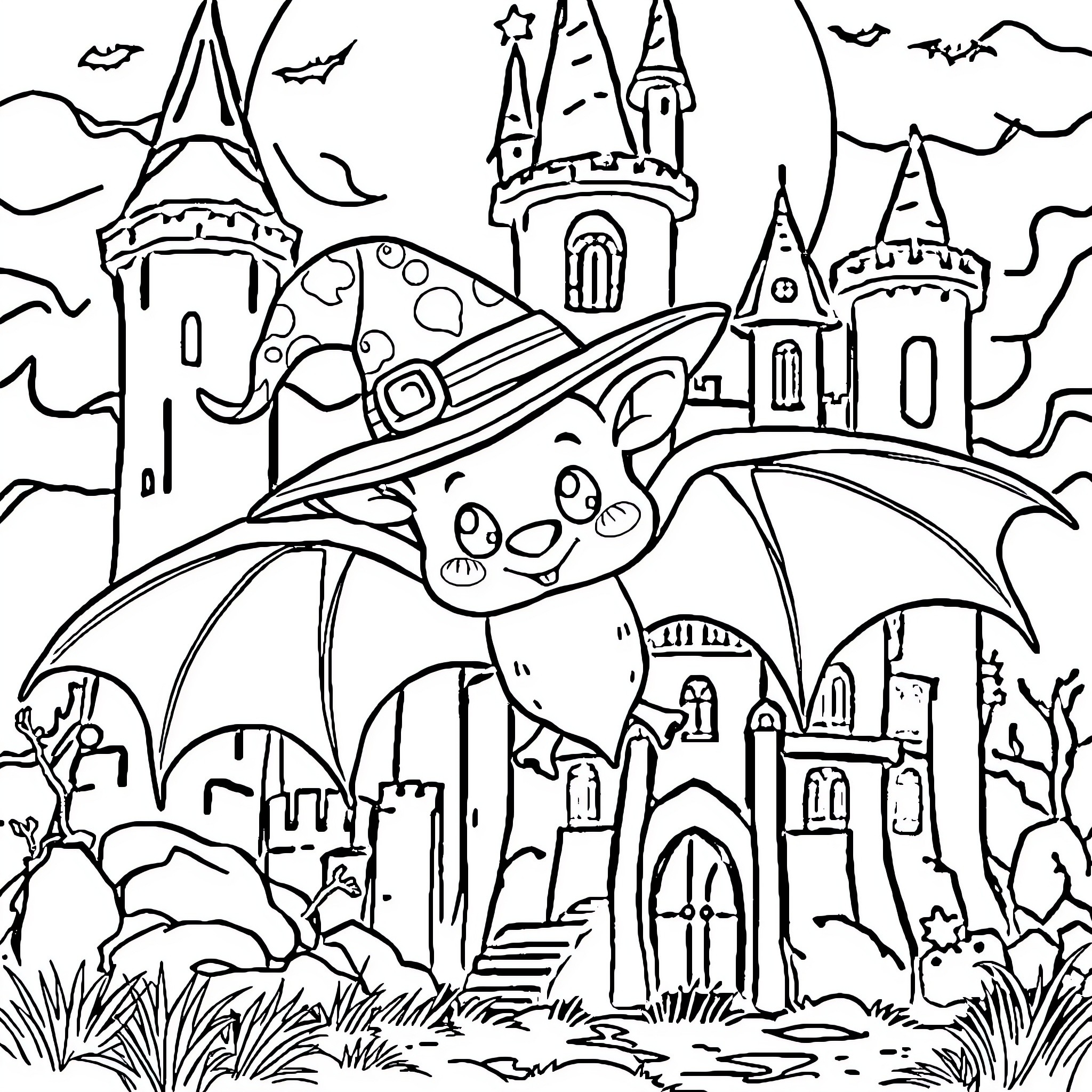 Bat flying over whimsical castle scene Coloring Page (free black-and-white line drawing printable PDF for all, from beginners to advanced learners, including children, teens, adults, and seniors)