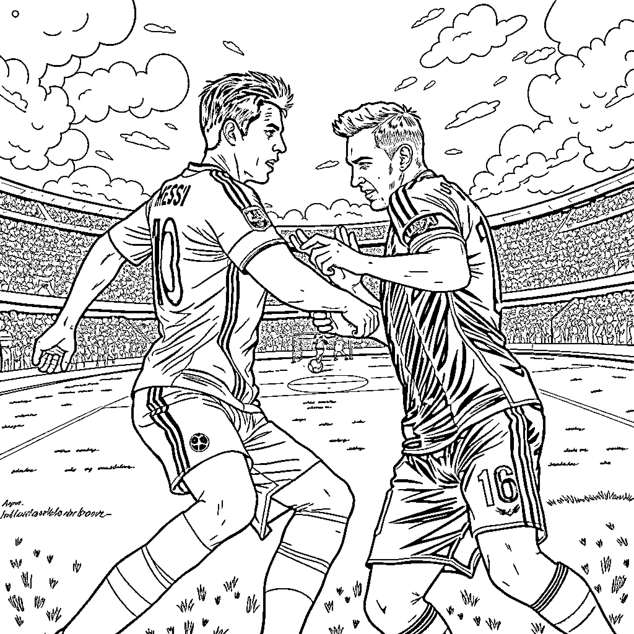 Cristiano Ronaldo Embracing Opponent on Football Field Coloring Page (free black-and-white line drawing printable PDF for all, from beginners to advanced learners, including children, teens, adults, and seniors)