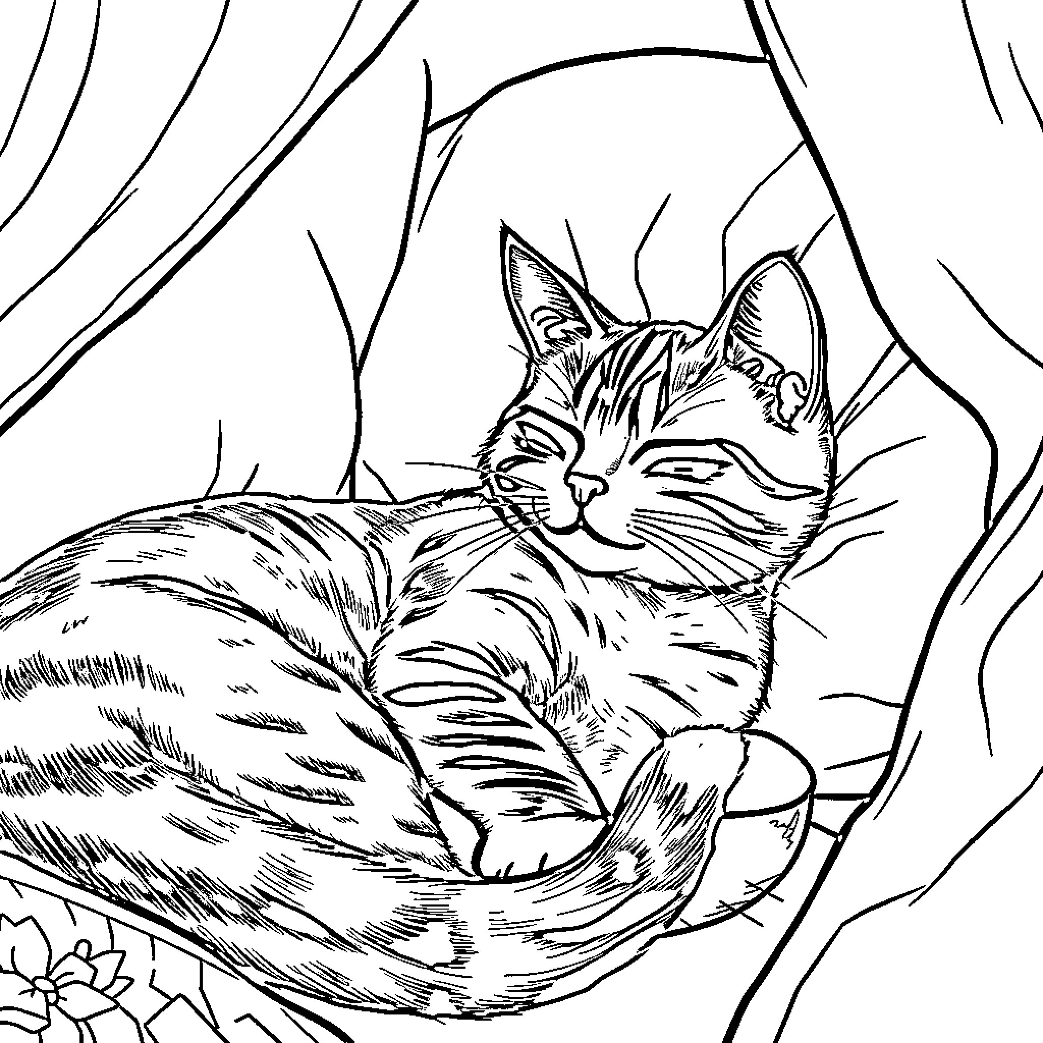 Cat resting peacefully in cozy surroundings Coloring Page (free black-and-white line drawing printable PDF for all, from beginners to advanced learners, including children, teens, adults, and seniors)