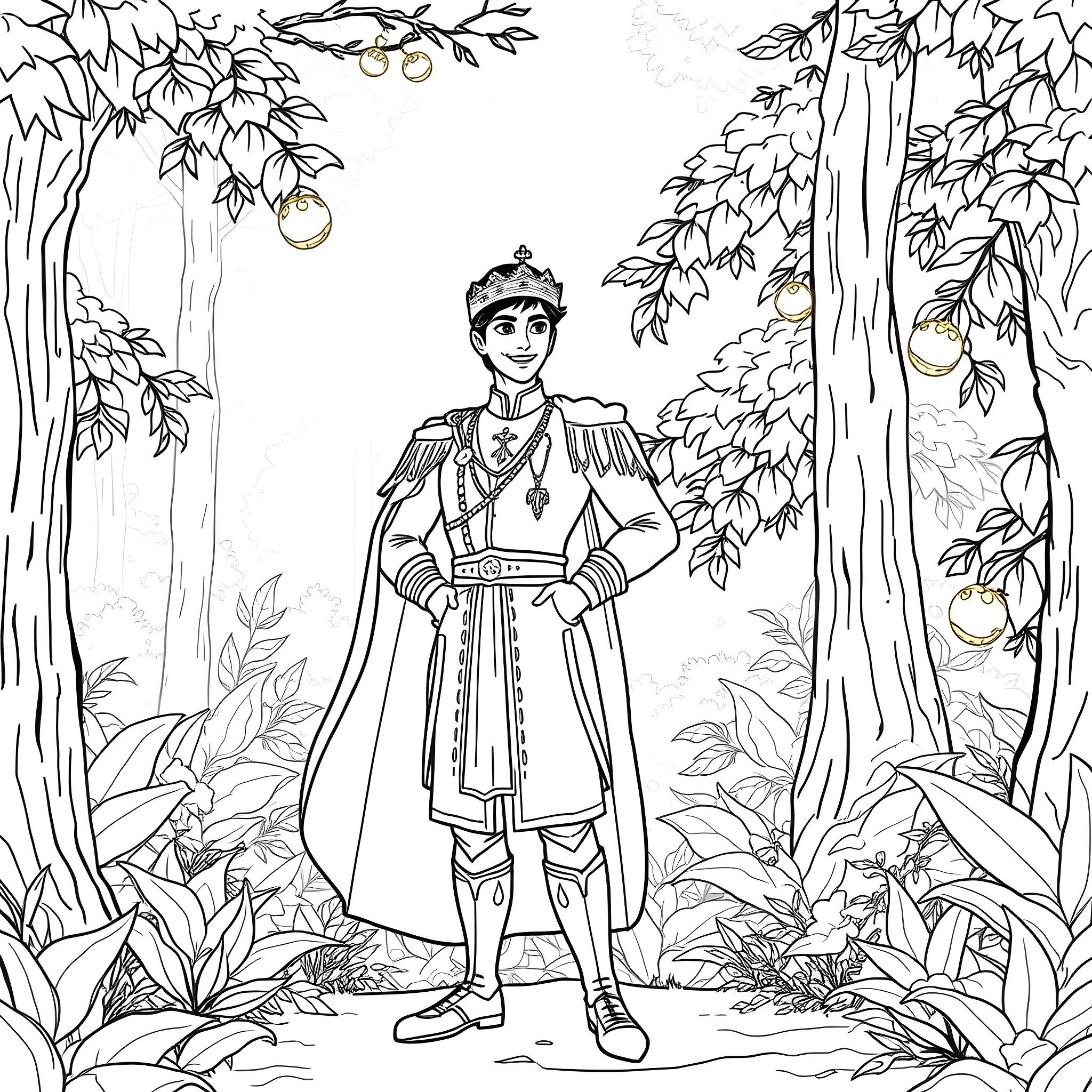 Prince standing proudly in the enchanted forest Coloring Page (free black-and-white line drawing printable PDF for all, from beginners to advanced learners, including children, teens, adults, and seniors)