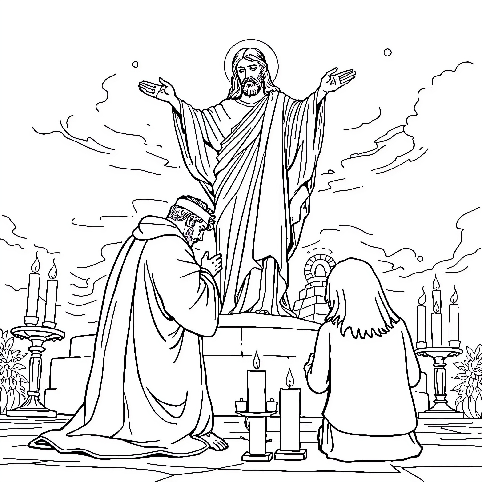 Priest blessing worshippers in a religious ceremony Coloring Page (free black-and-white line drawing printable PDF for all, from beginners to advanced learners, including children, teens, adults, and seniors)