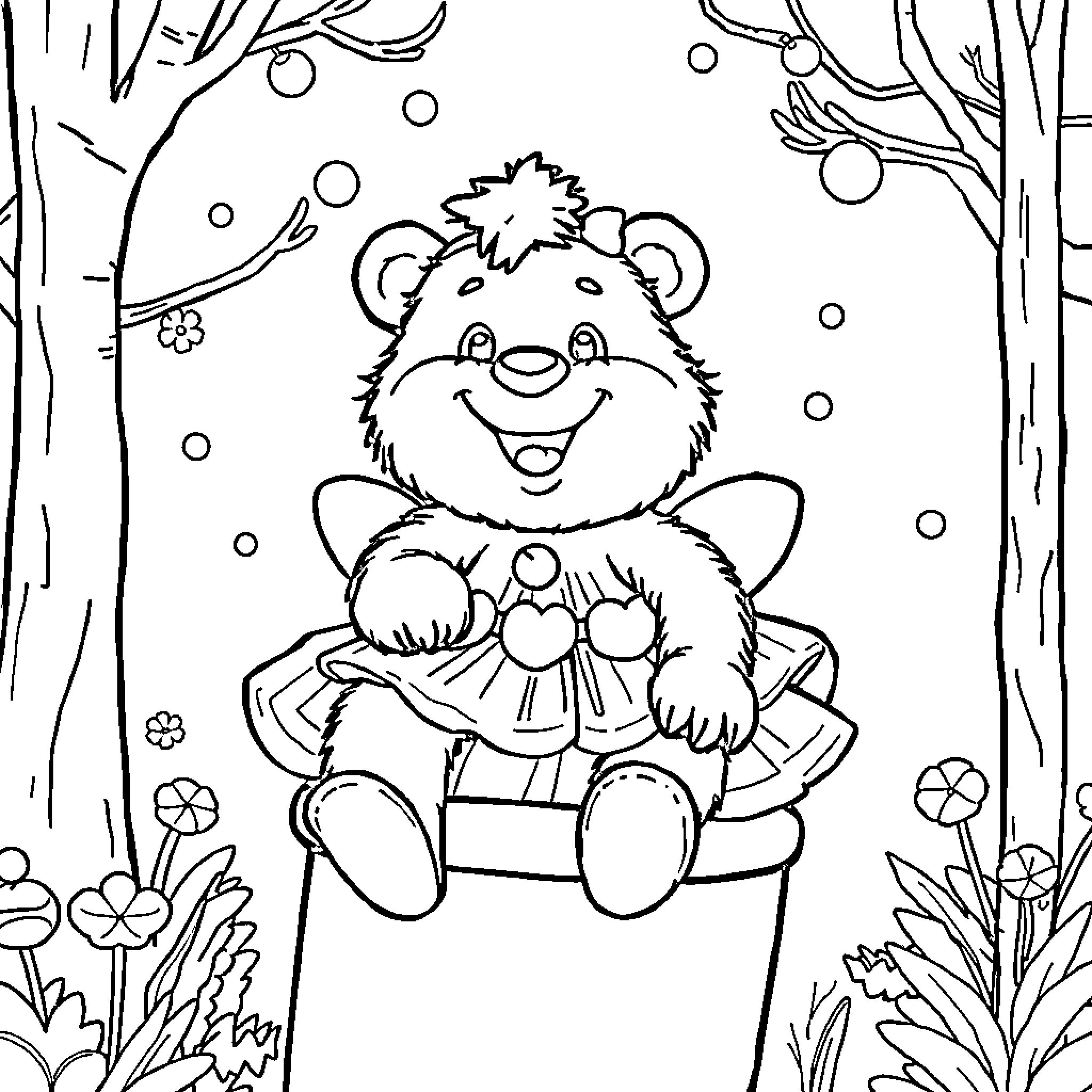 Bear enjoying a cozy winter scene Coloring Page (free black-and-white line drawing printable PDF for all, from beginners to advanced learners, including children, teens, adults, and seniors)