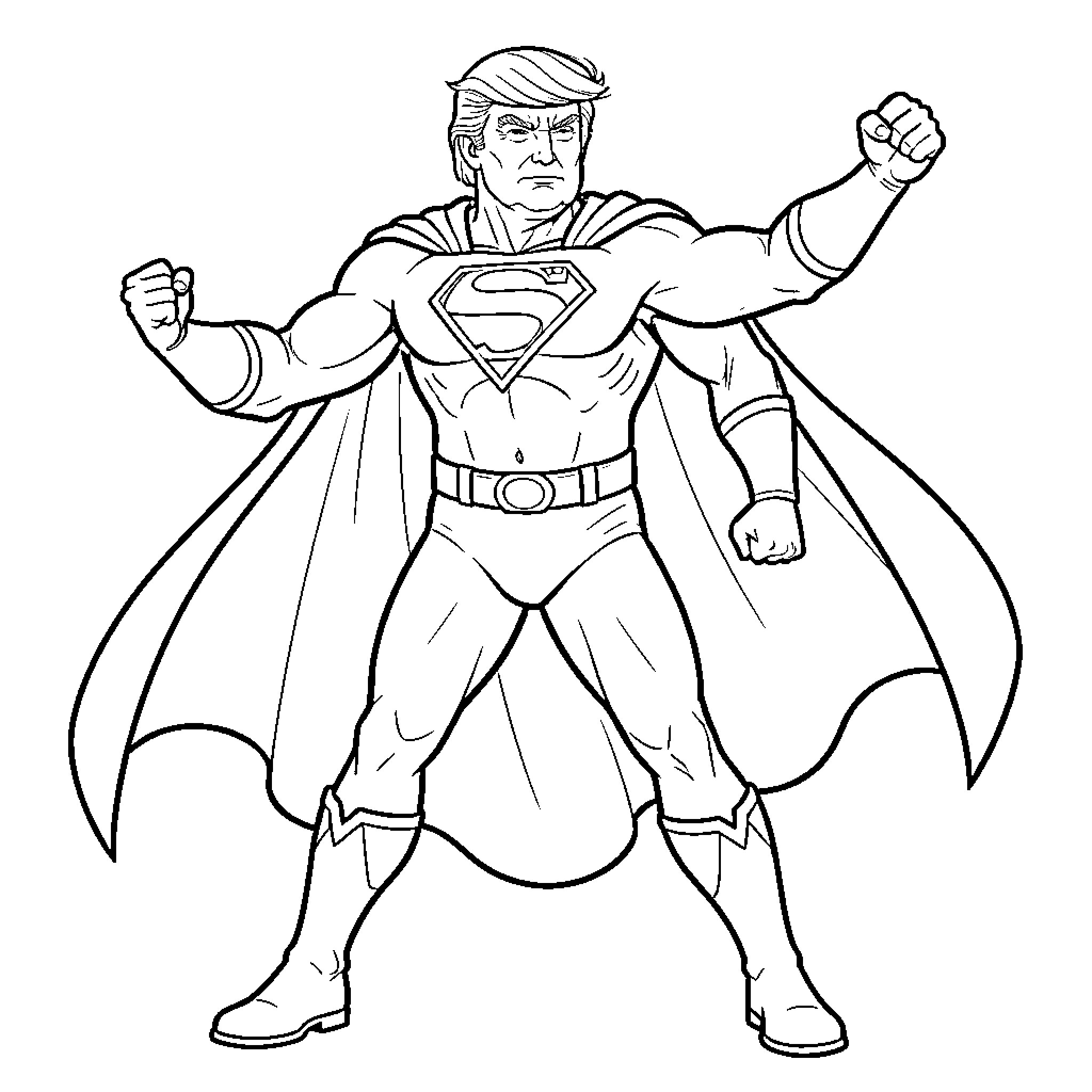 Donald Trump as a Superhero in Heroic Pose Coloring Page (free black-and-white line drawing printable PDF for all, from beginners to advanced learners, including children, teens, adults, and seniors)