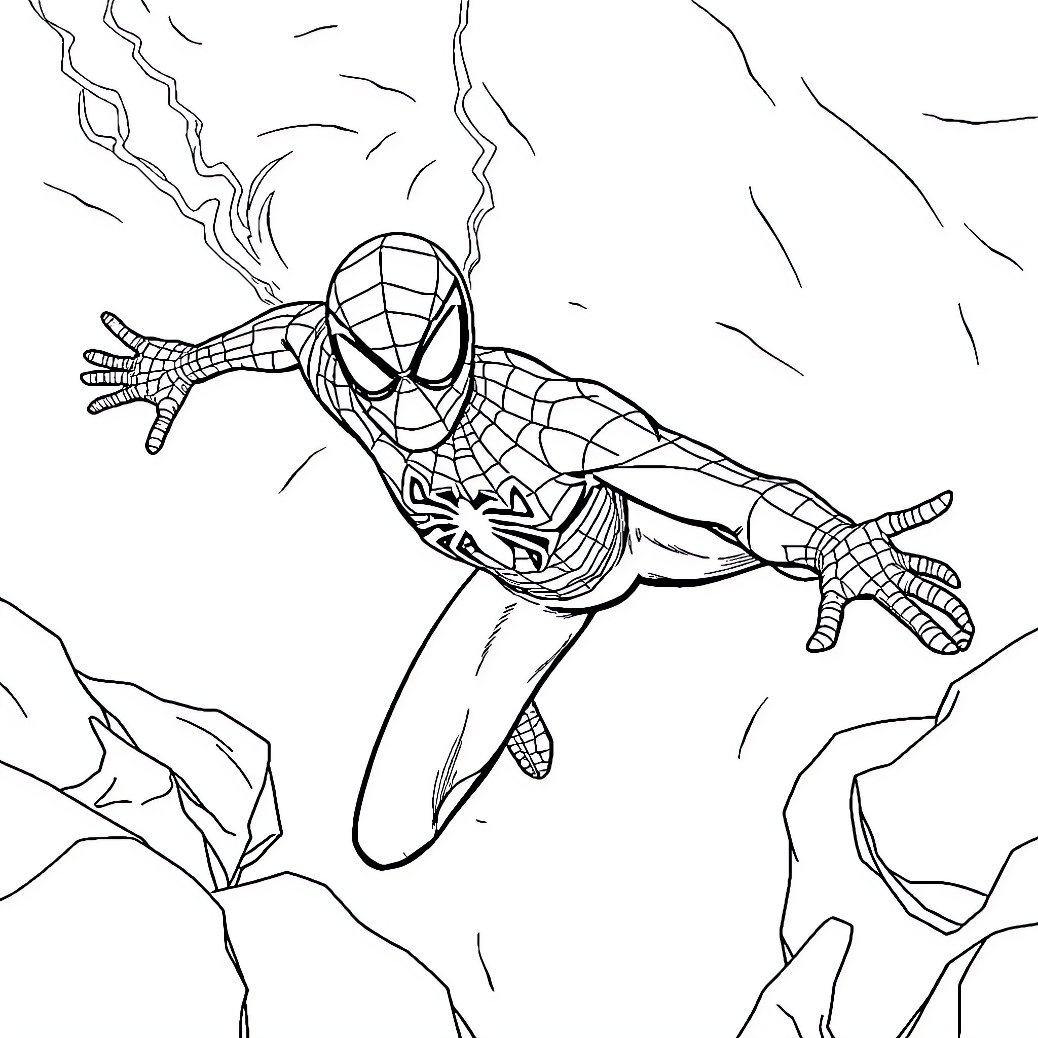 Spiderman swinging through the city skyline Coloring Page (free black-and-white line drawing printable PDF for all, from beginners to advanced learners, including children, teens, adults, and seniors)