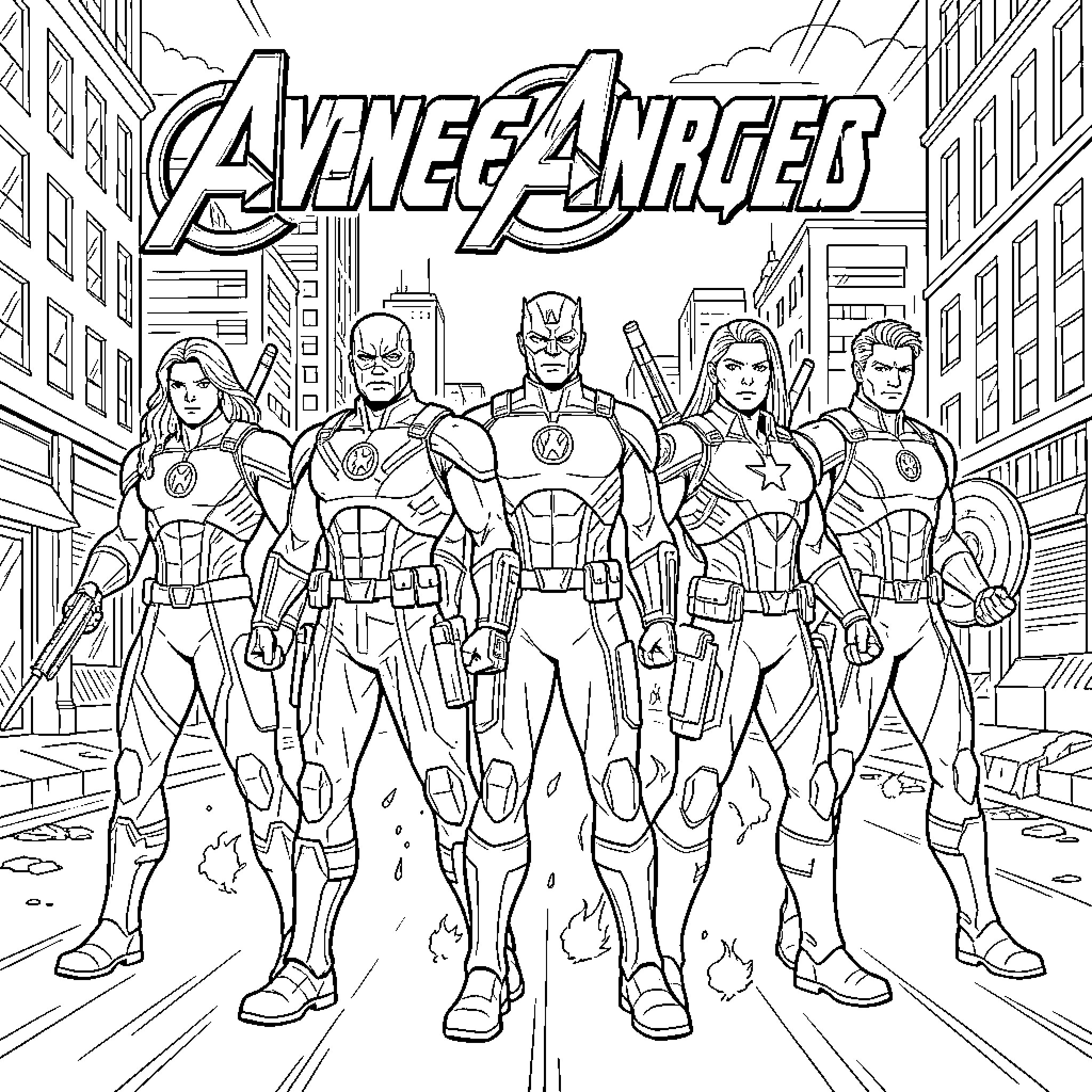 Avenger heroes in action poses on city street Coloring Page (free black-and-white line drawing printable PDF for all, from beginners to advanced learners, including children, teens, adults, and seniors)