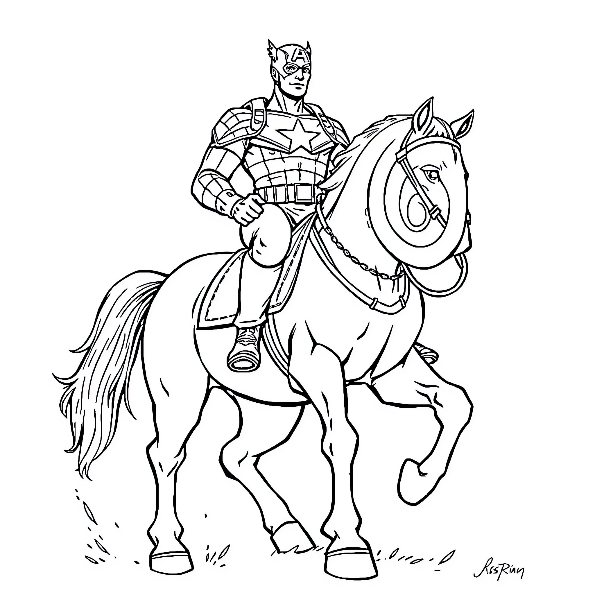 Horse-mounted hero in patriotic costume Coloring Page (free black-and-white line drawing printable PDF for all, from beginners to advanced learners, including children, teens, adults, and seniors)