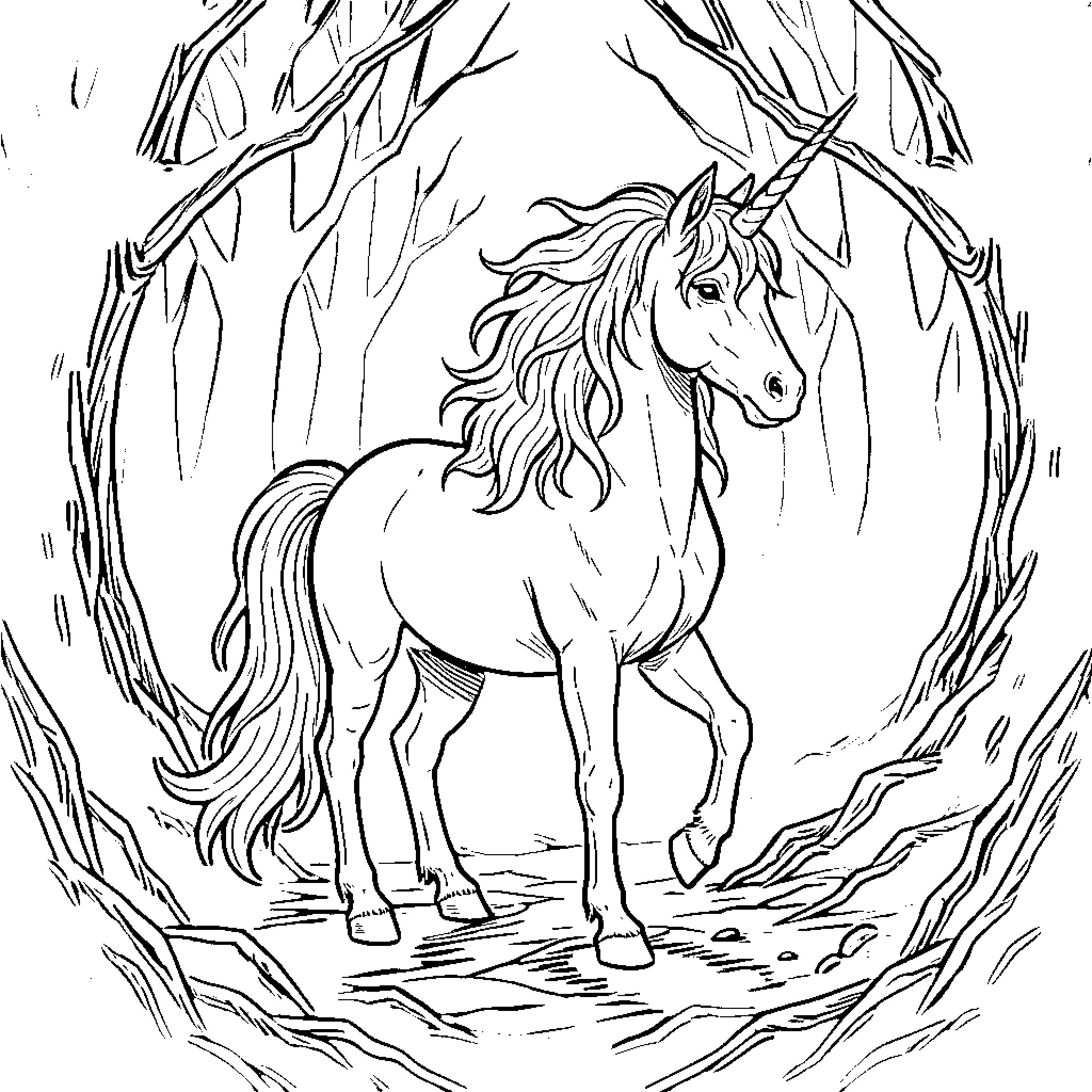 Hell Unicorn standing majestically amidst tangled branches Coloring Page (free black-and-white line drawing printable PDF for all, from beginners to advanced learners, including children, teens, adults, and seniors)