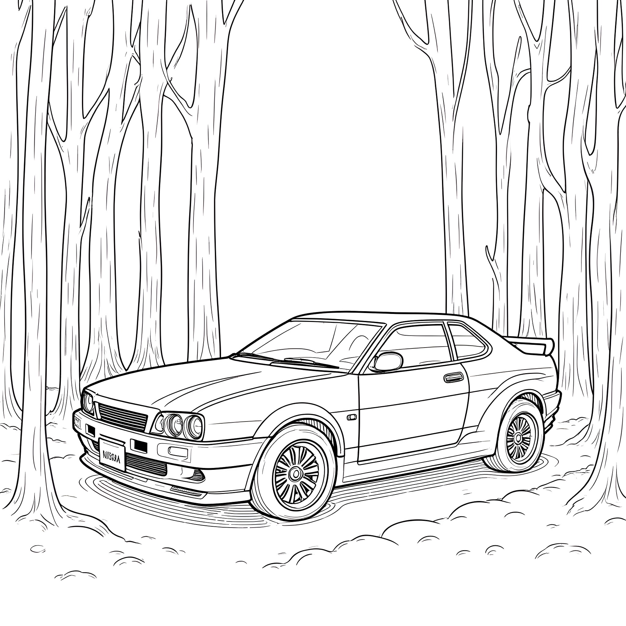 Nissan Skyline sports car in a forest Coloring Page (free black-and-white line drawing printable PDF for all, from beginners to advanced learners, including children, teens, adults, and seniors)