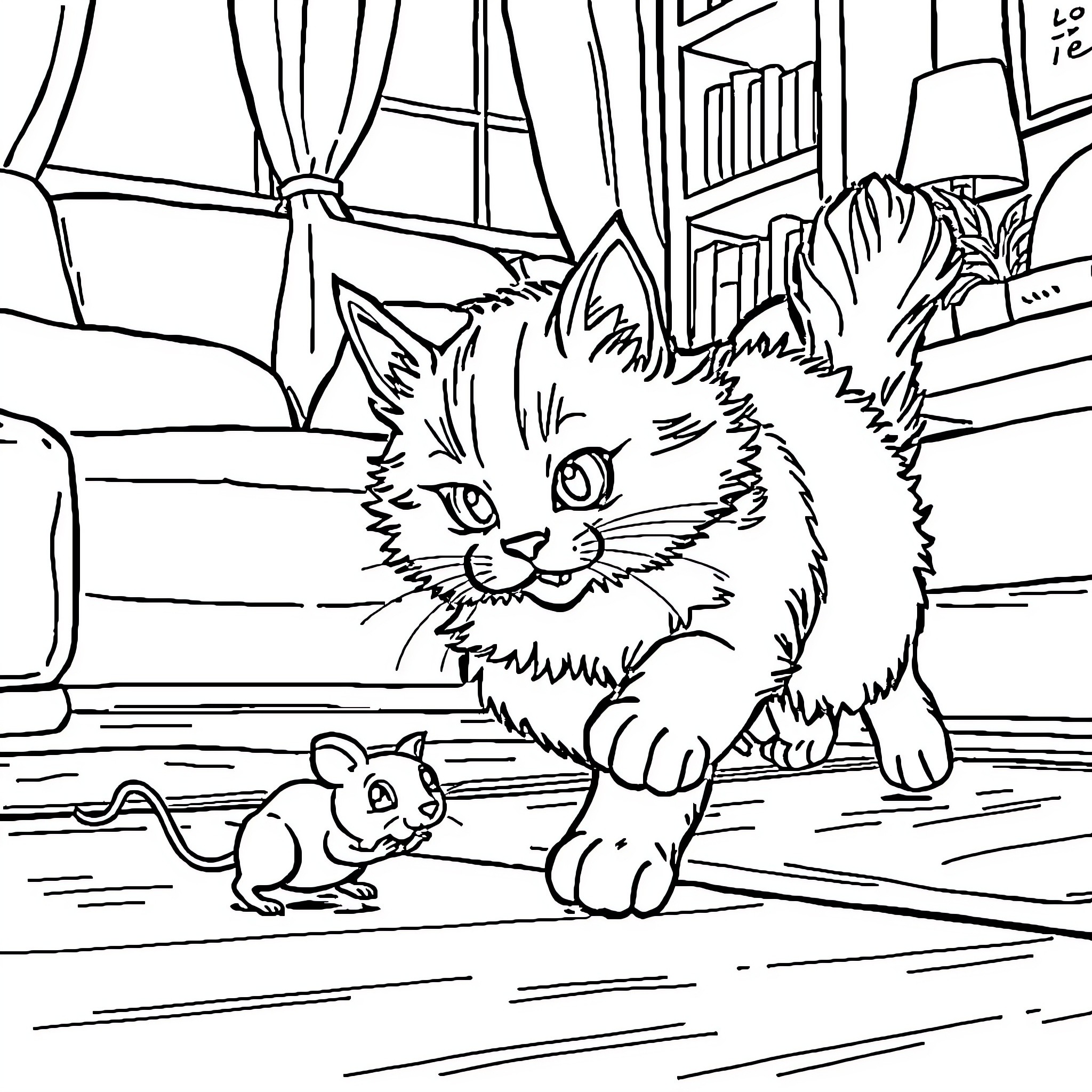 Cat exploring its surroundings with a mouse Coloring Page (free black-and-white line drawing printable PDF for all, from beginners to advanced learners, including children, teens, adults, and seniors)
