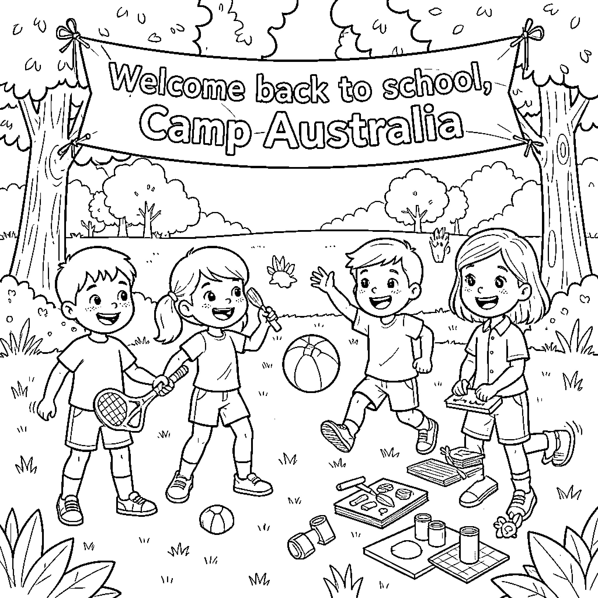 Child's fun back to school camp adventure Coloring Page (free black-and-white line drawing printable PDF for all, from beginners to advanced learners, including children, teens, adults, and seniors)