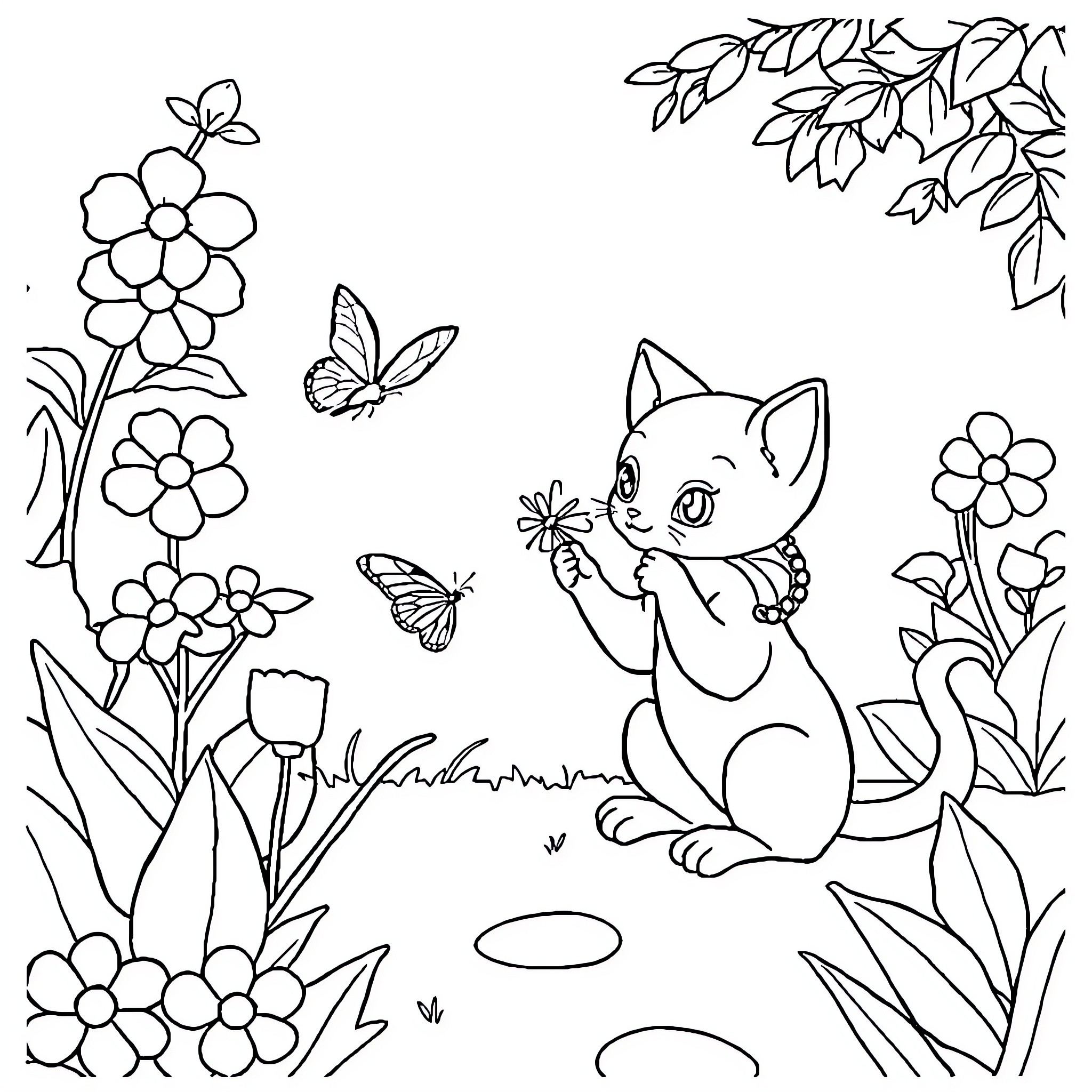 Kitten exploring whimsical garden with butterflies Coloring Page (free black-and-white line drawing printable PDF for all, from beginners to advanced learners, including children, teens, adults, and seniors)