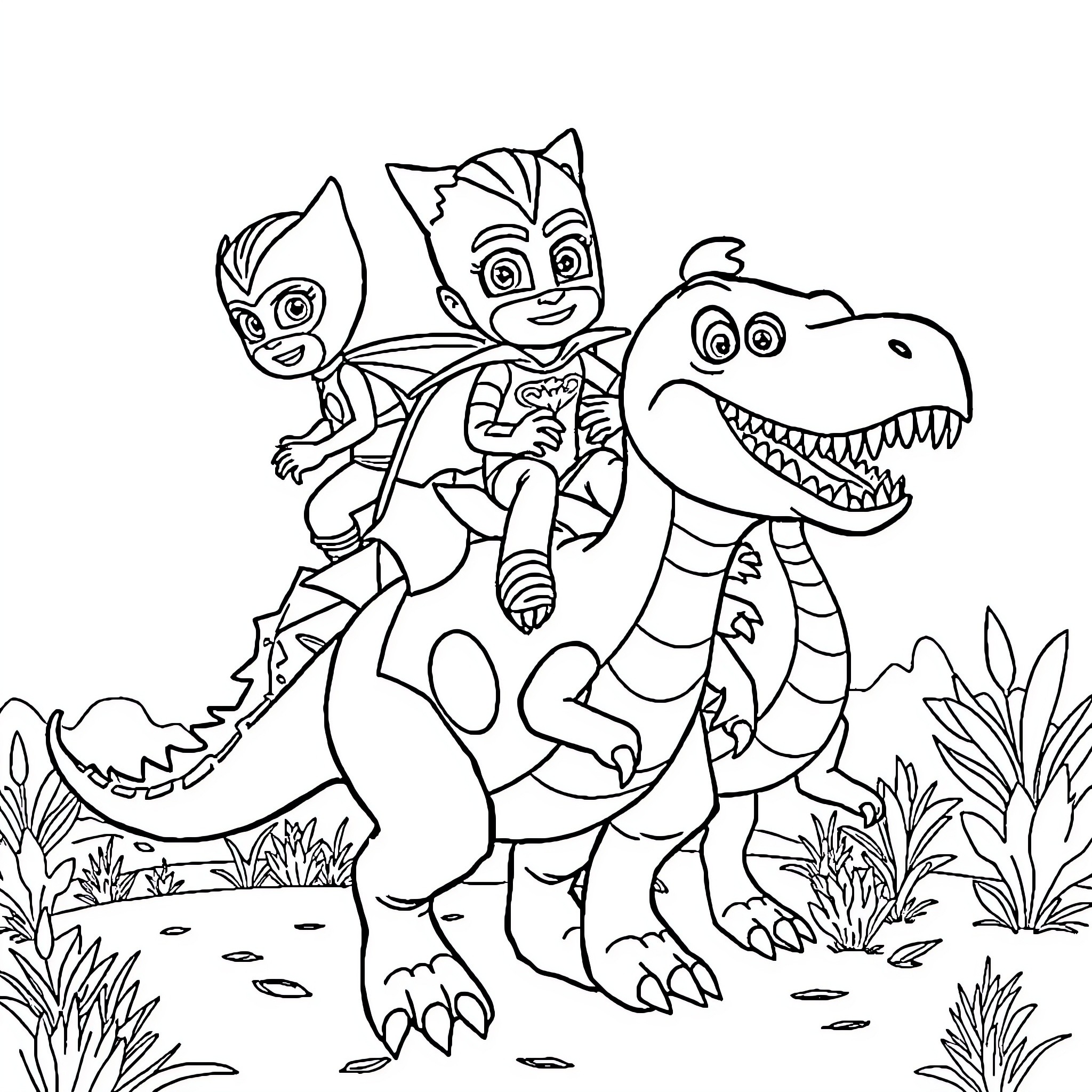 Pj Masks characters on a dinosaur adventure Coloring Page (free black-and-white line drawing printable PDF for all, from beginners to advanced learners, including children, teens, adults, and seniors)