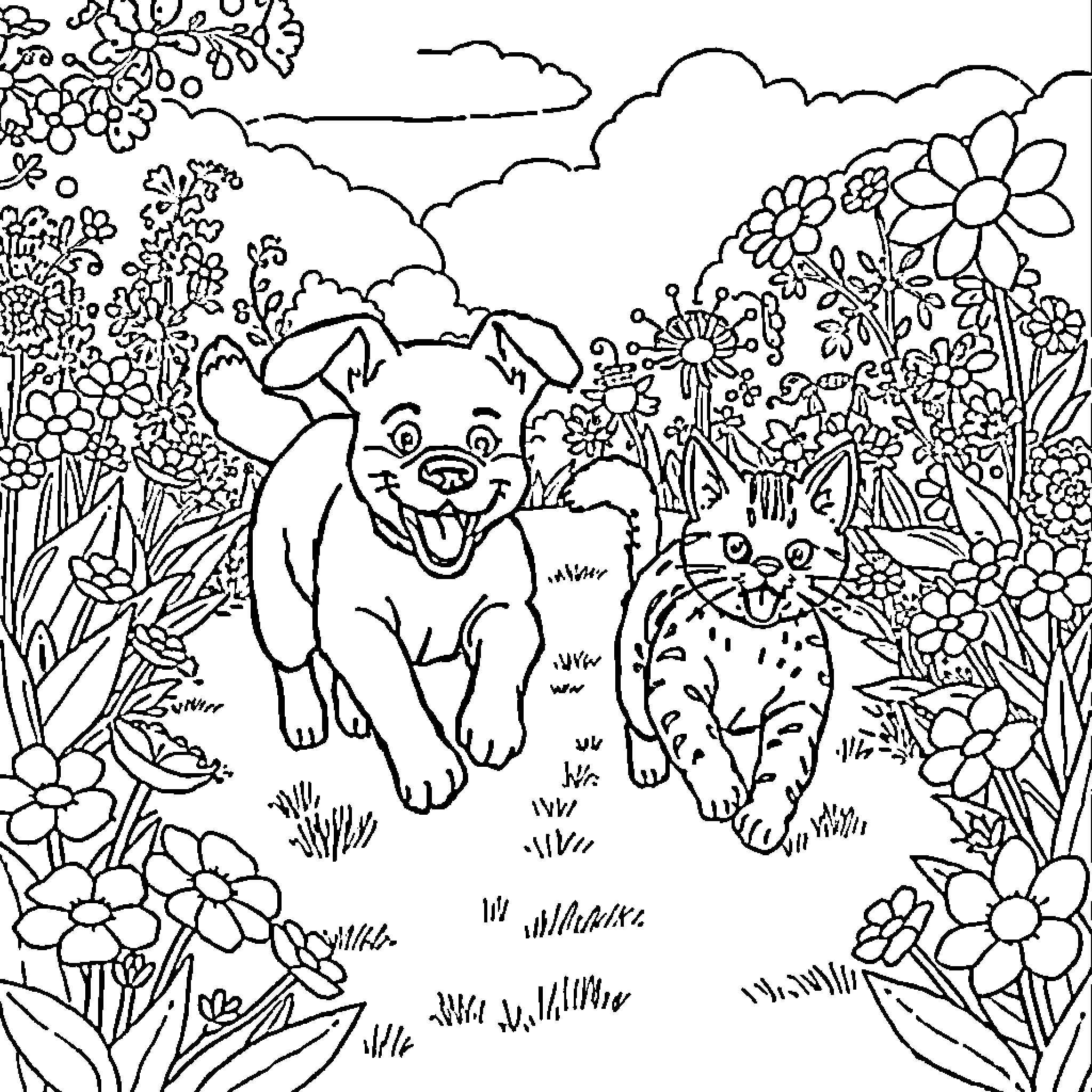 Dog and Cat Playing in a Flower Garden Coloring Page (free black-and-white line drawing printable PDF for all, from beginners to advanced learners, including children, teens, adults, and seniors)
