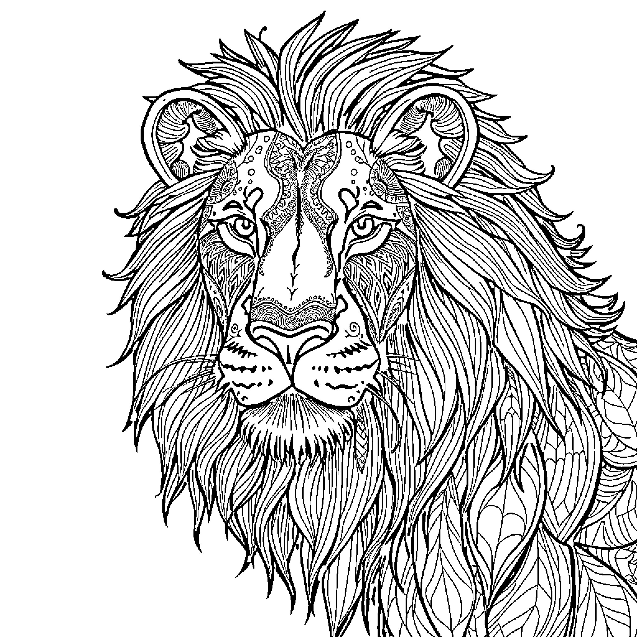 Lion with intricate floral patterns Coloring Page (free black-and-white line drawing printable PDF for all, from beginners to advanced learners, including children, teens, adults, and seniors)
