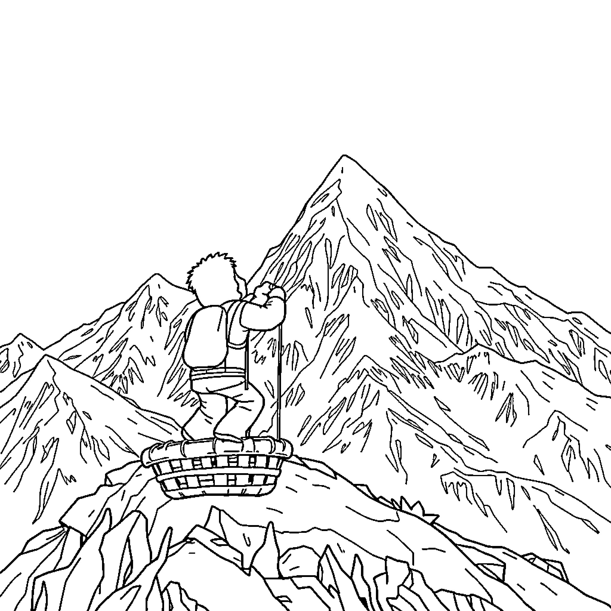 Everest climber scaling snowy mountain peak Coloring Page (free black-and-white line drawing printable PDF for all, from beginners to advanced learners, including children, teens, adults, and seniors)