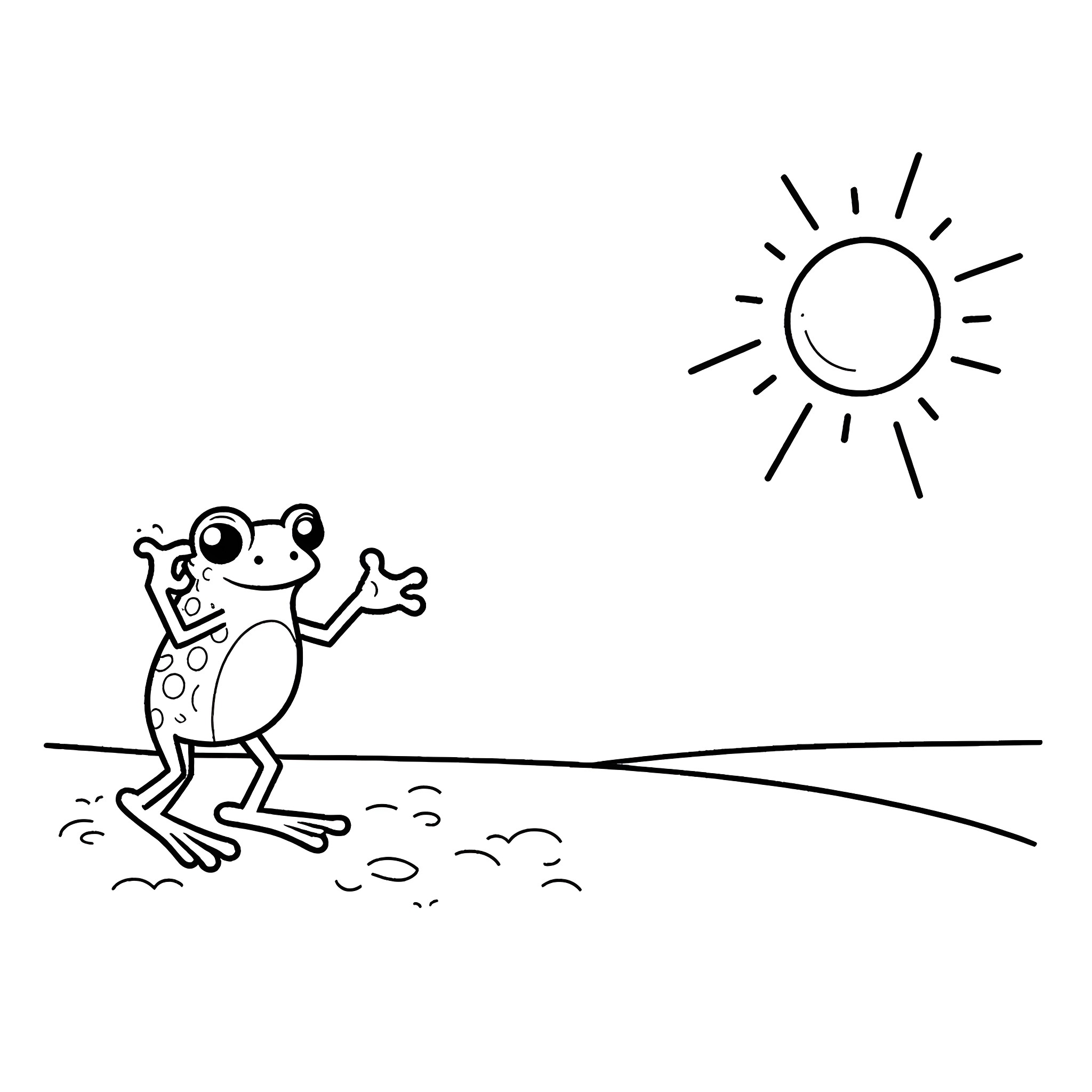 Frog basking in the sun Coloring Page (free black-and-white line drawing printable PDF for all, from beginners to advanced learners, including children, teens, adults, and seniors)