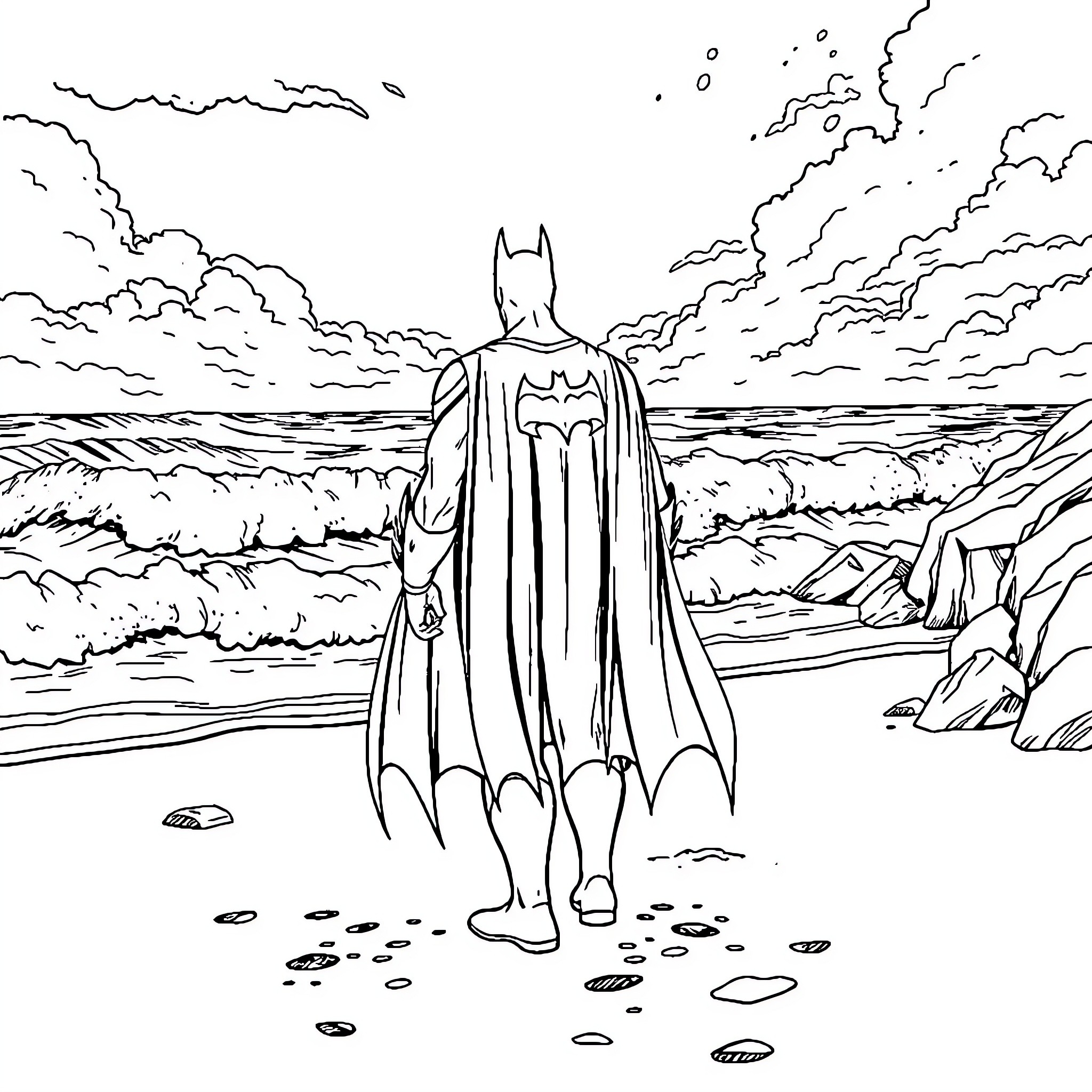 Batman standing tall in a dramatic landscape Coloring Page (free black-and-white line drawing printable PDF for all, from beginners to advanced learners, including children, teens, adults, and seniors)