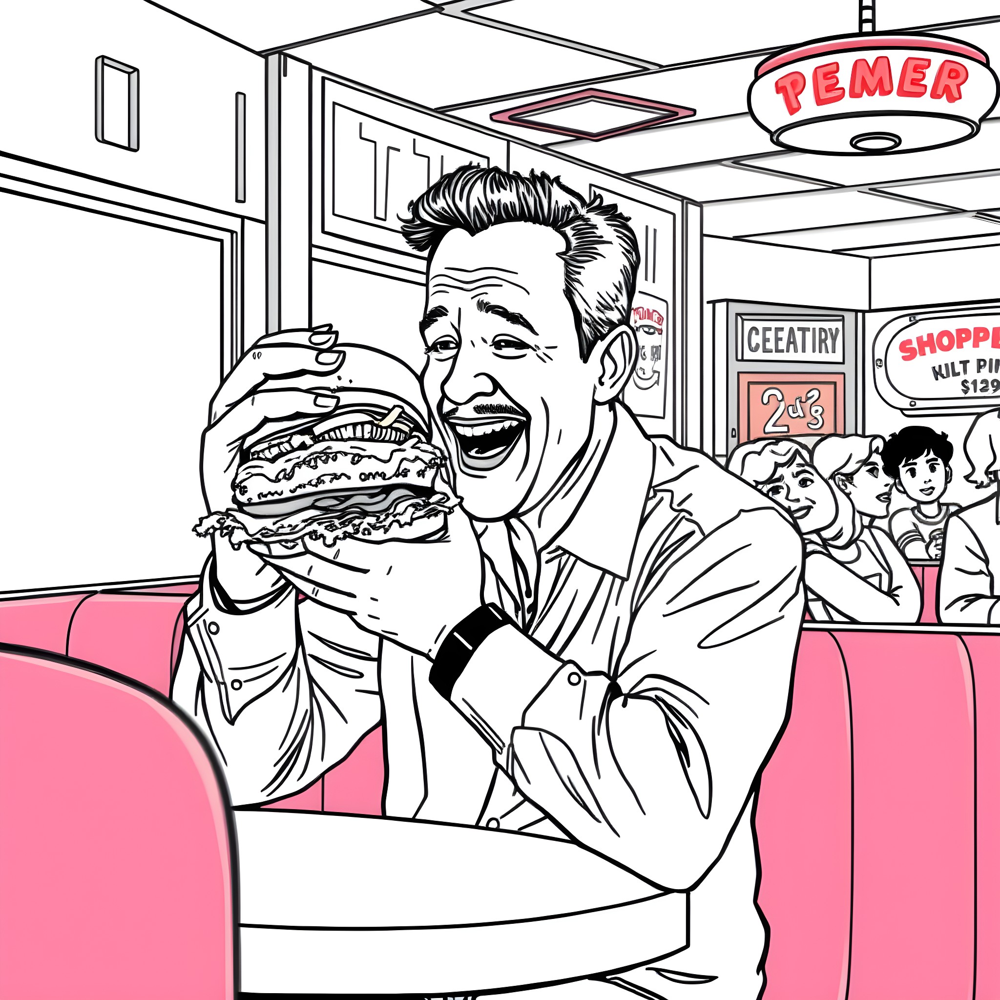 Tom Hanks enjoying a delicious burger in a retro diner Coloring Page (free black-and-white line drawing printable PDF for all, from beginners to advanced learners, including children, teens, adults, and seniors)