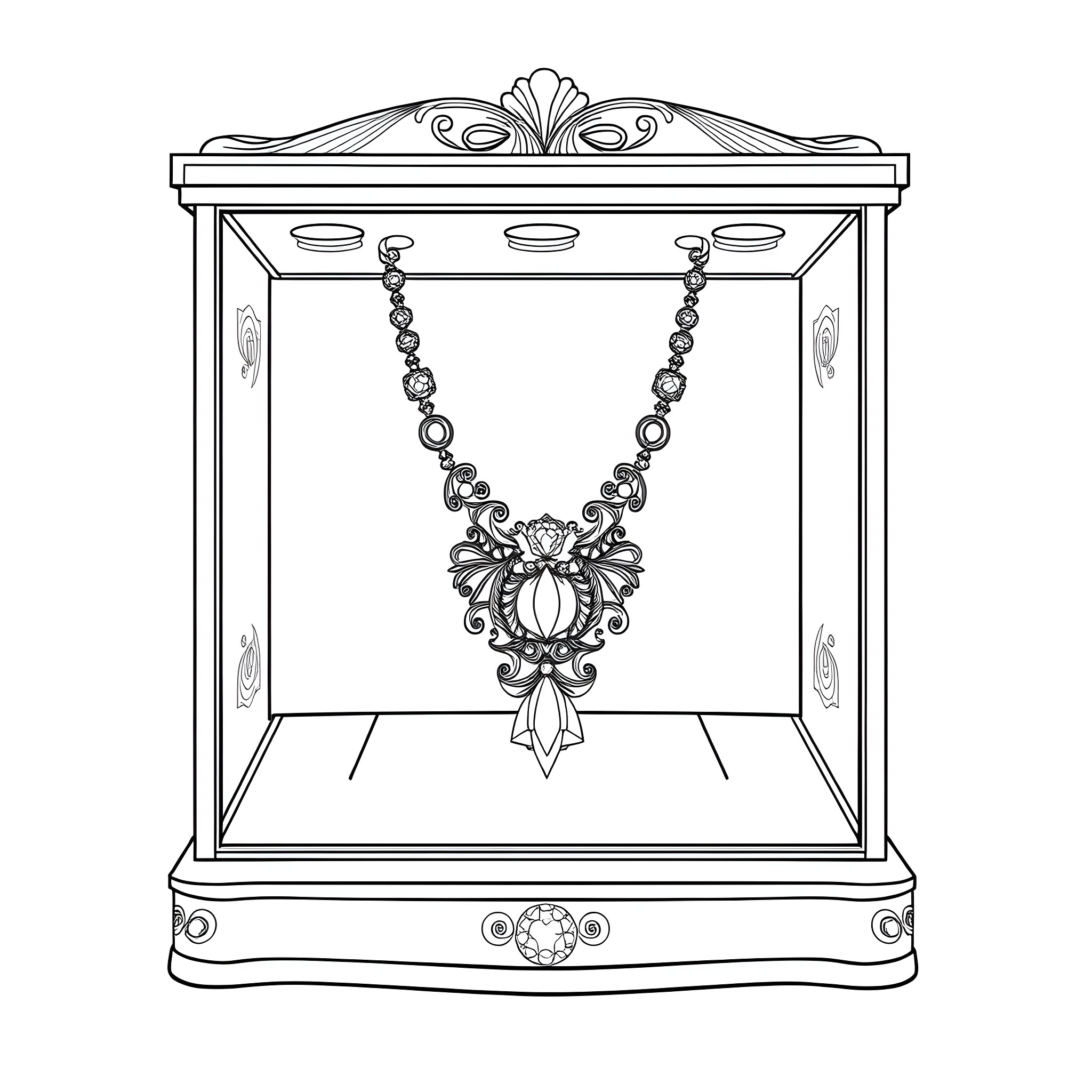 Gemstone Necklace Displayed in Ornate Glass Case Coloring Page (free black-and-white line drawing printable PDF for all, from beginners to advanced learners, including children, teens, adults, and seniors)