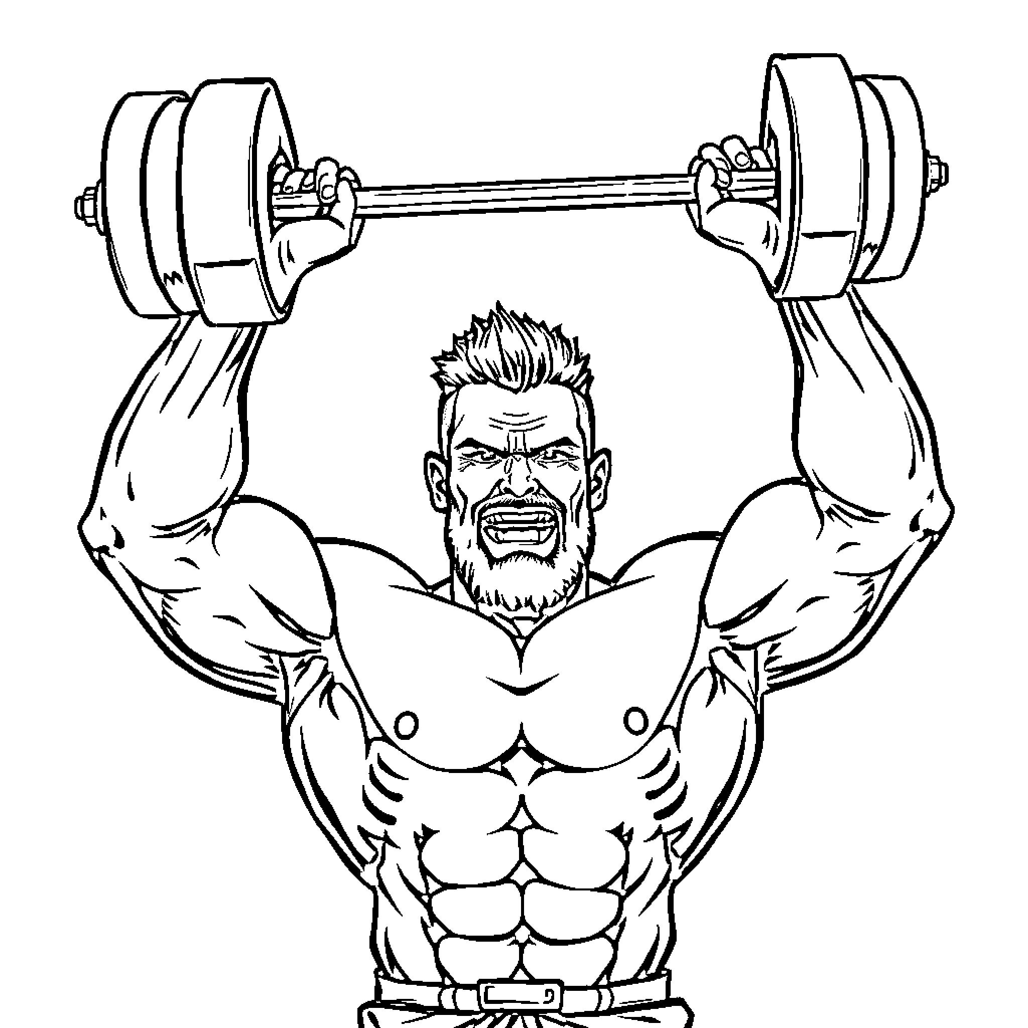 Muscle Man Lifting Weights with Intense Expression Coloring Page (free black-and-white line drawing printable PDF for all, from beginners to advanced learners, including children, teens, adults, and seniors)