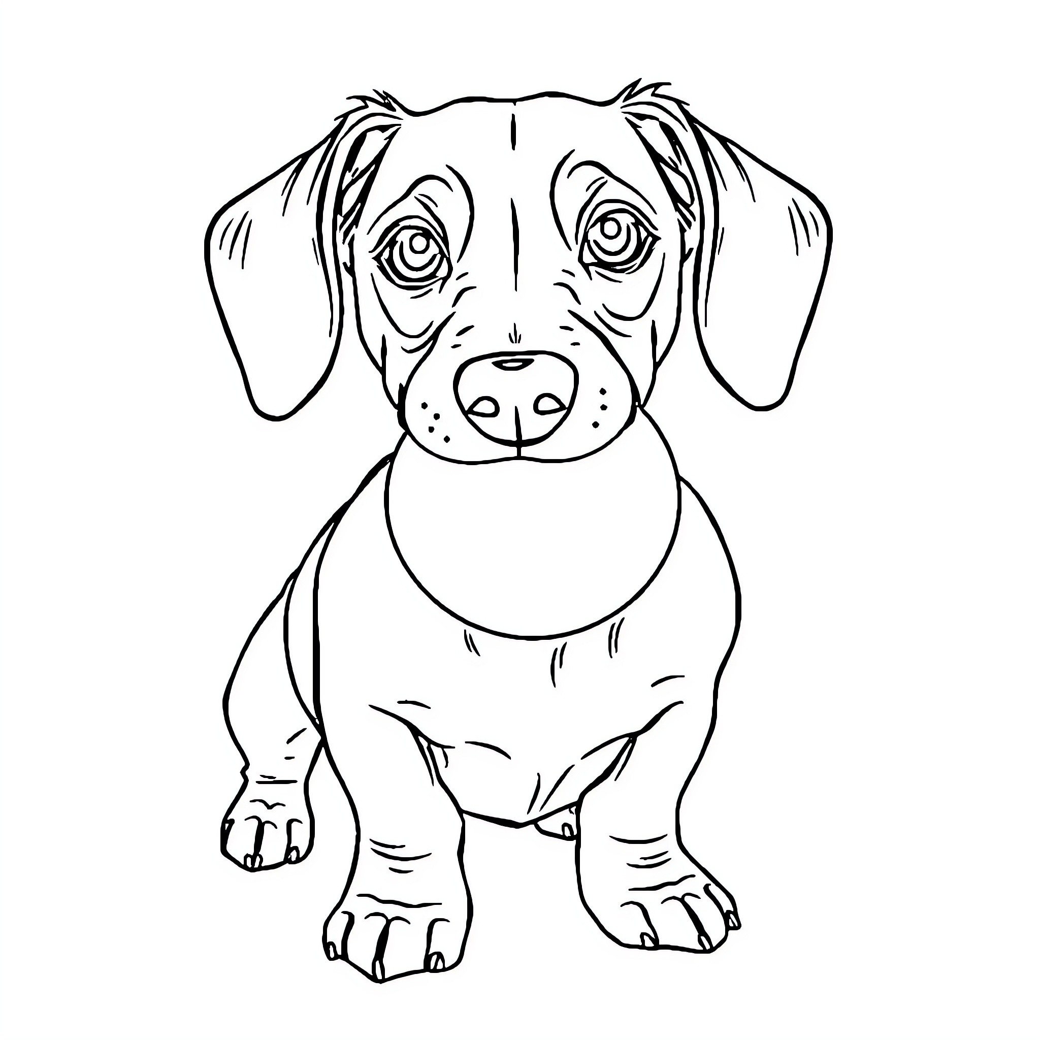 Dachshund pup looking curiously at the viewer Coloring Page (free black-and-white line drawing printable PDF for all, from beginners to advanced learners, including children, teens, adults, and seniors)