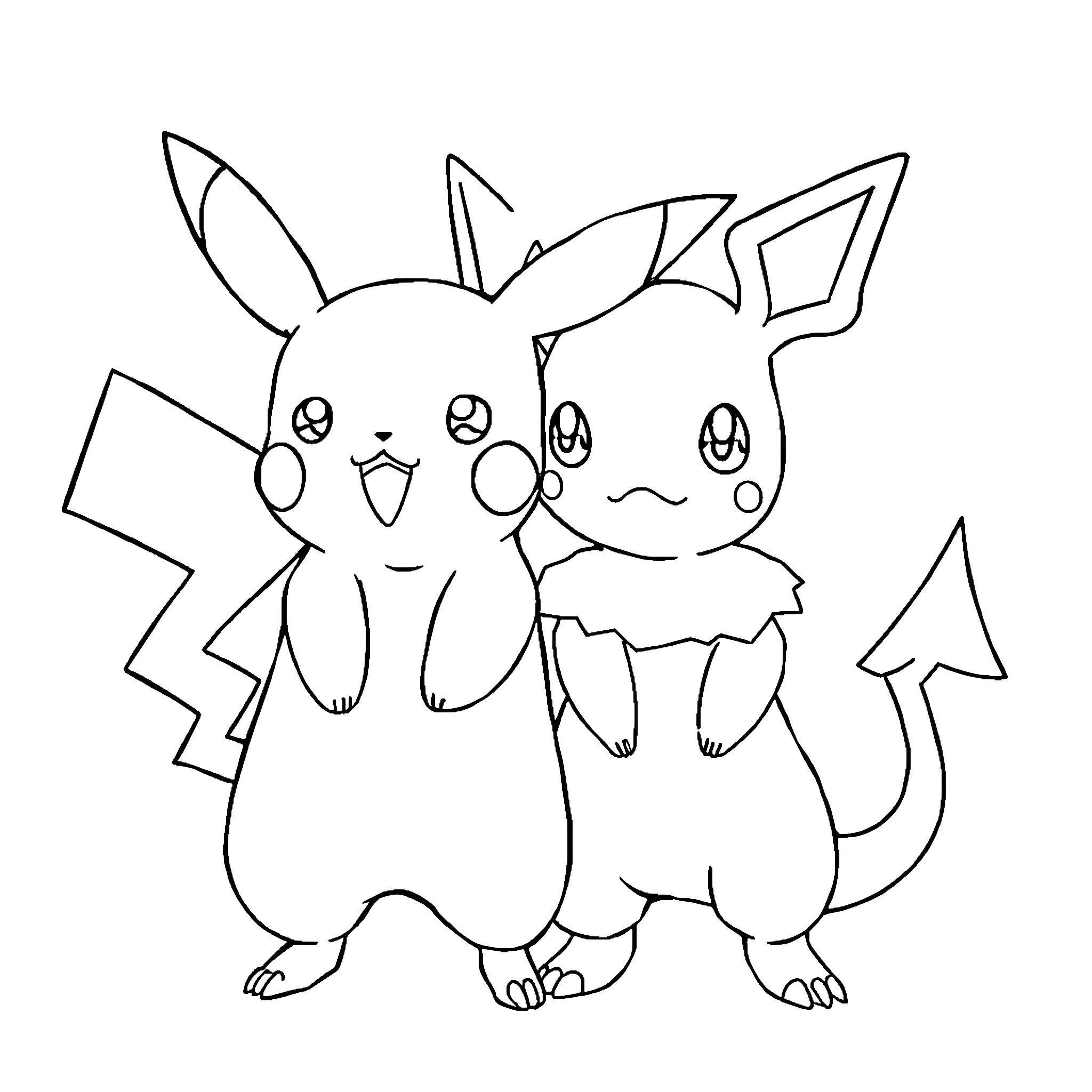 Pikachu and Eevee in Playful Poses Coloring Page (free black-and-white line drawing printable PDF for all, from beginners to advanced learners, including children, teens, adults, and seniors)