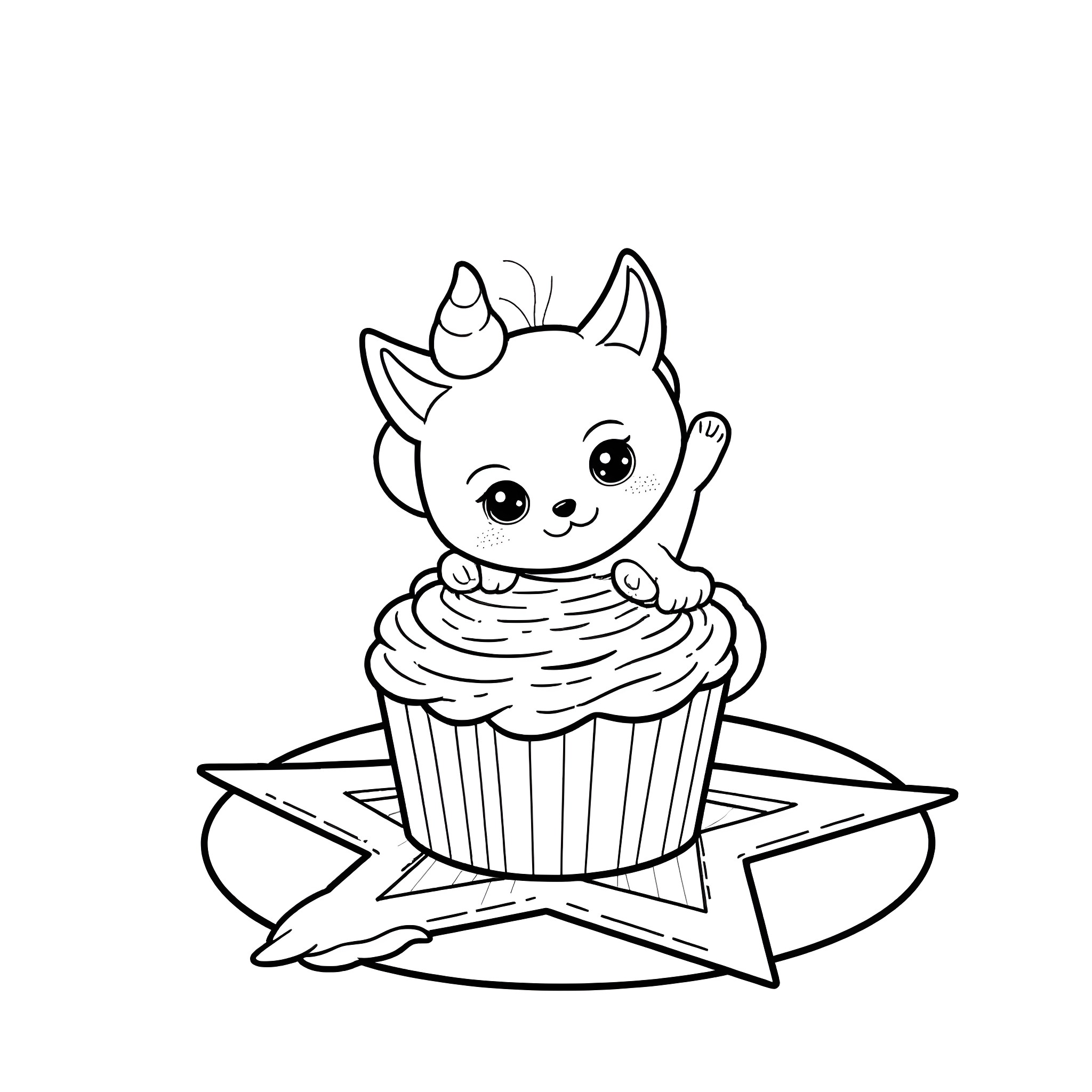 Kitten on a Cupcake Star Coloring Page (free black-and-white line drawing printable PDF for all, from beginners to advanced learners, including children, teens, adults, and seniors)