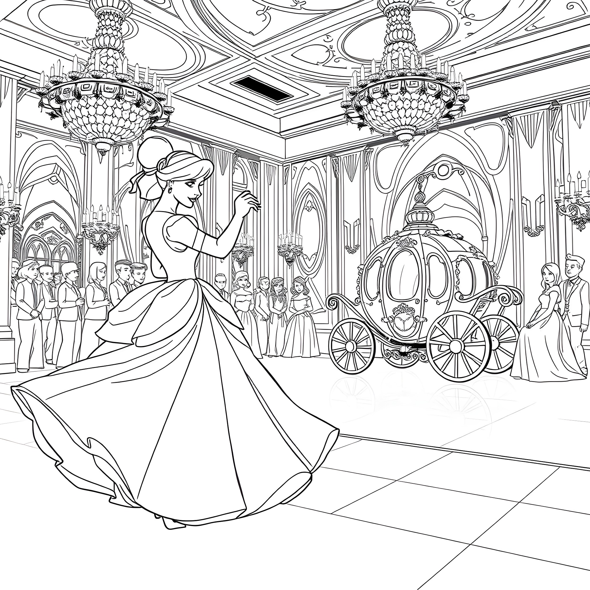 Cinderella's Enchanting Ballroom Dance Coloring Page (free black-and-white line drawing printable PDF for all, from beginners to advanced learners, including children, teens, adults, and seniors)