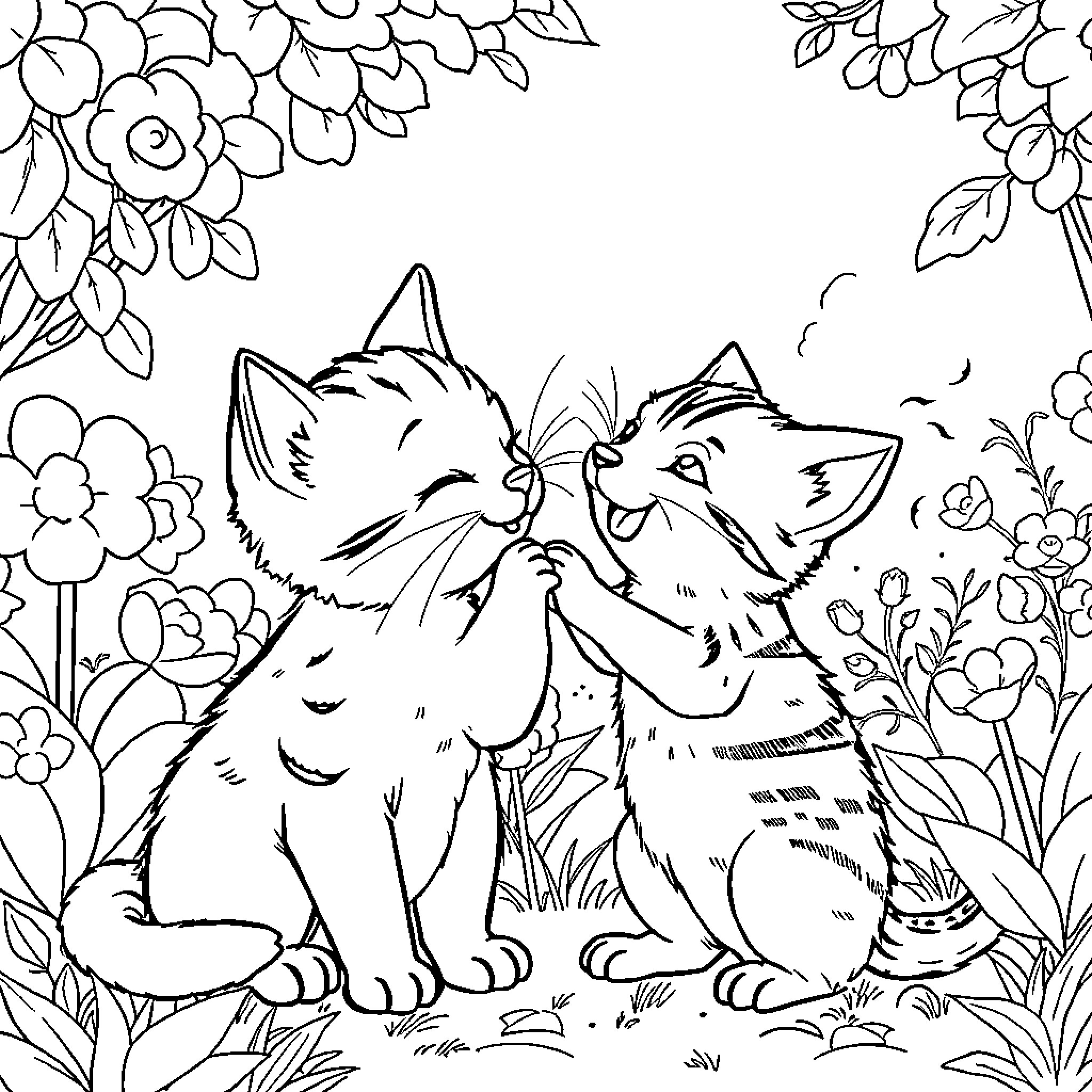 Kittens playing joyfully in a floral field Coloring Page (free black-and-white line drawing printable PDF for all, from beginners to advanced learners, including children, teens, adults, and seniors)