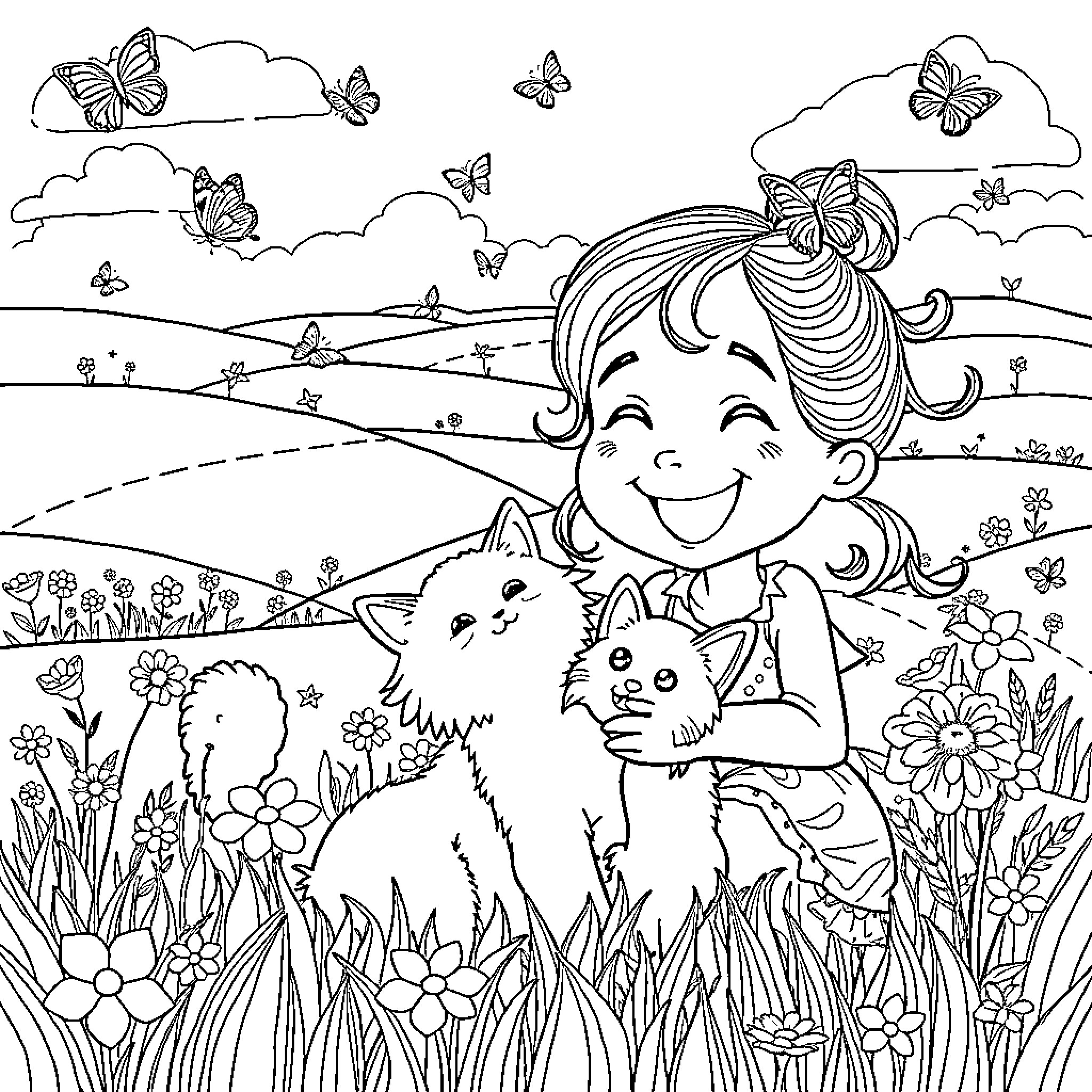 Girl playing with pets in the meadow Coloring Page (free black-and-white line drawing printable PDF for all, from beginners to advanced learners, including children, teens, adults, and seniors)