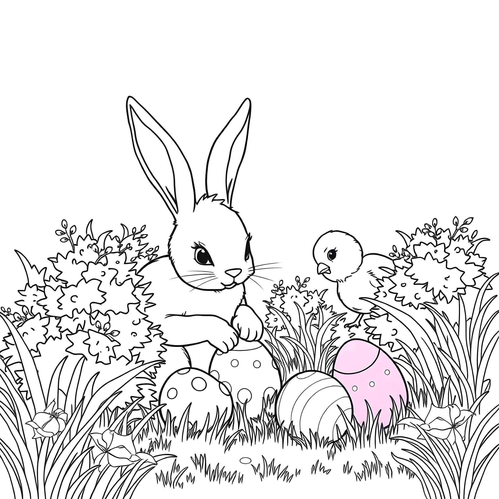 Bunny surrounded by Easter eggs and chicks in the meadow Coloring Page (free black-and-white line drawing printable PDF for all, from beginners to advanced learners, including children, teens, adults, and seniors)