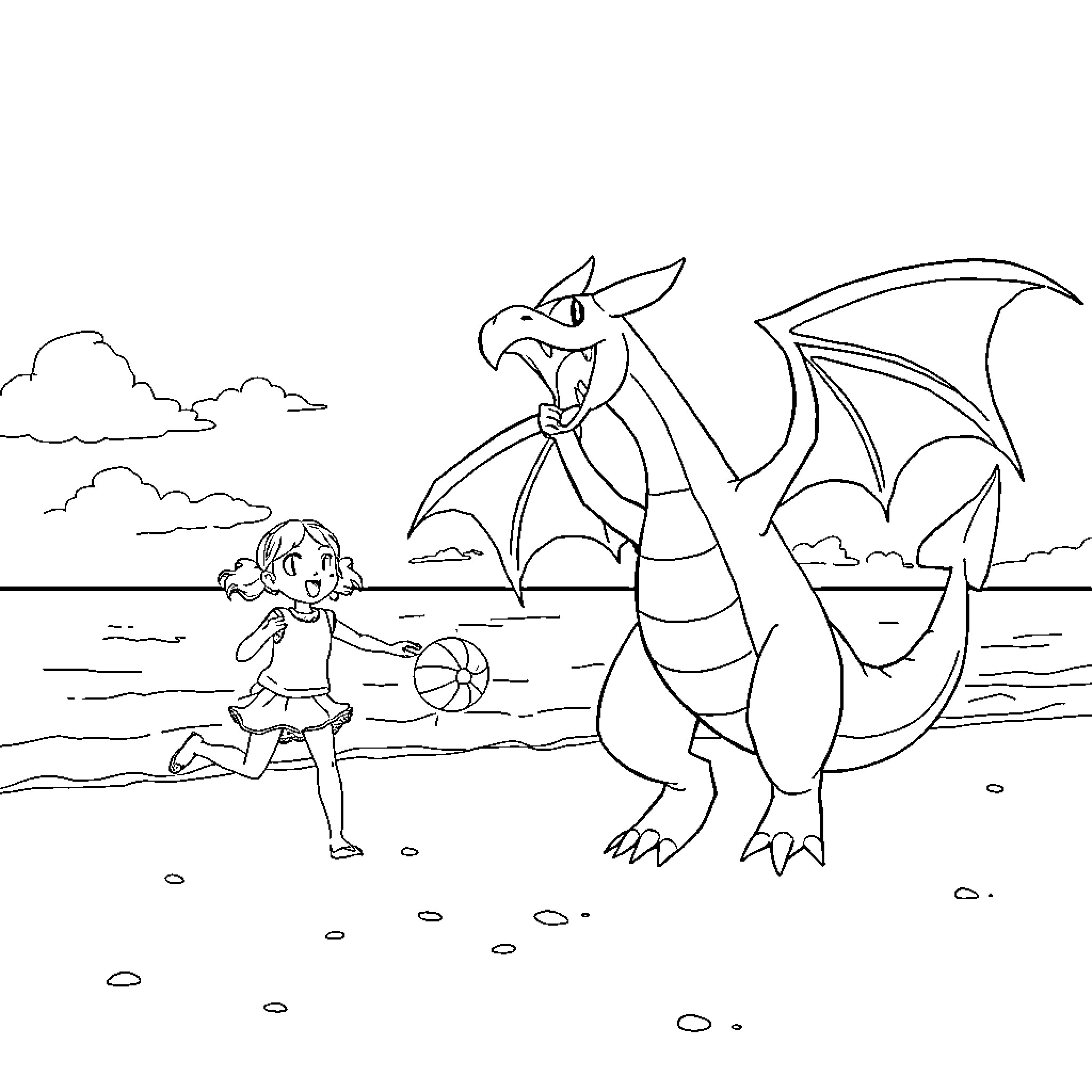 Girl playing with a friendly dragon on the beach Coloring Page (free black-and-white line drawing printable PDF for all, from beginners to advanced learners, including children, teens, adults, and seniors)