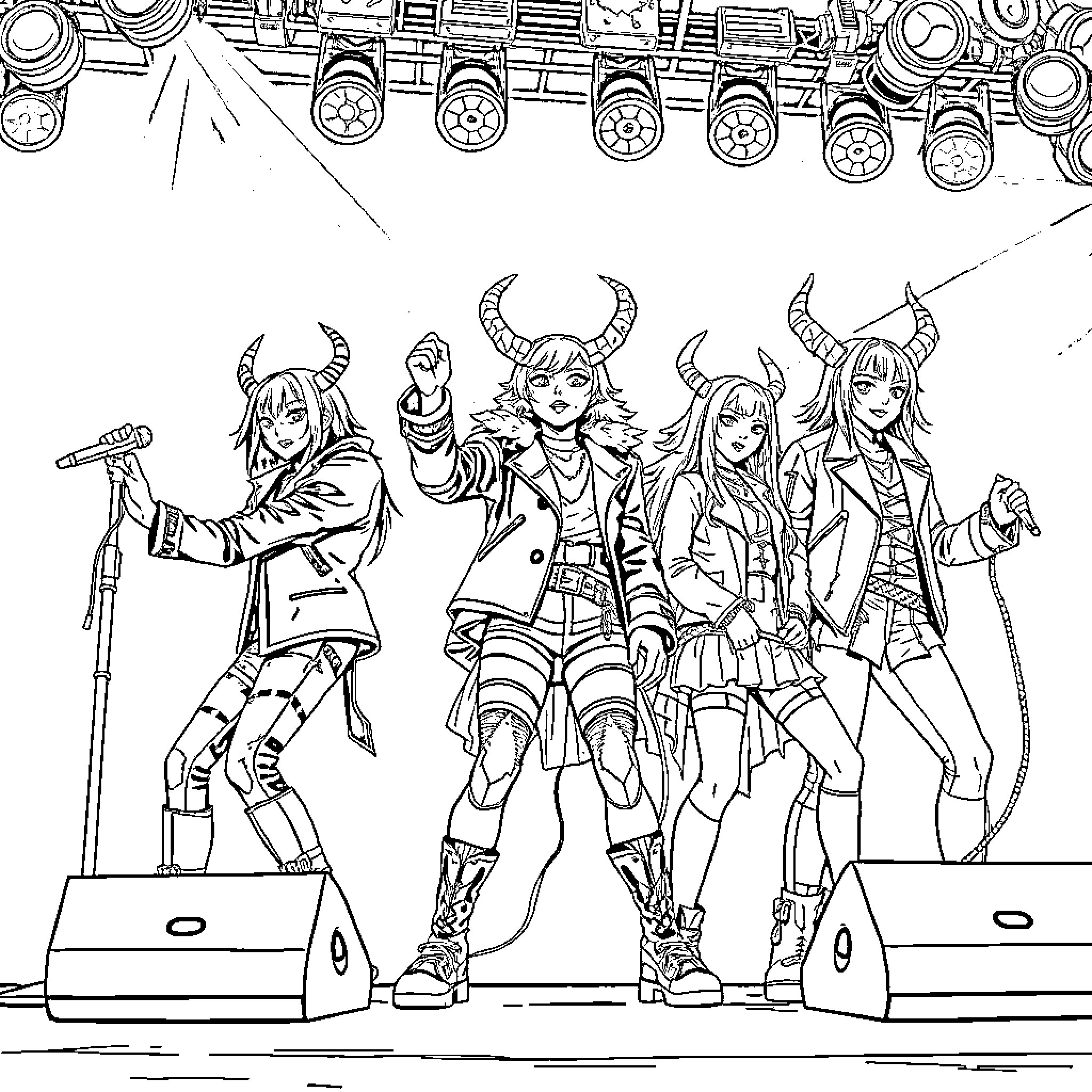 Demon Hunter Team in Fierce Attire and Weaponry Coloring Page (free black-and-white line drawing printable PDF for all, from beginners to advanced learners, including children, teens, adults, and seniors)