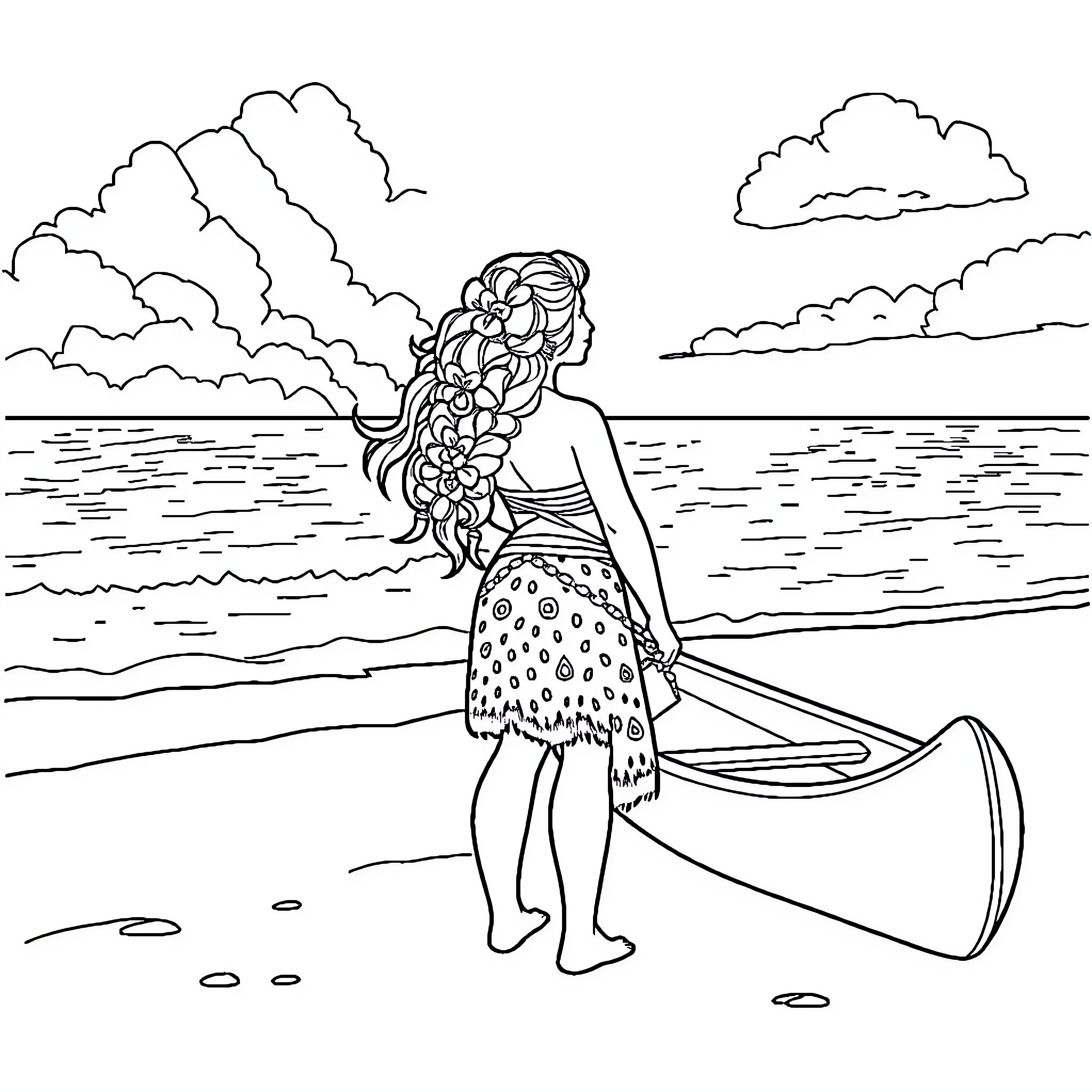 Moana exploring the sea with her canoe Coloring Page (free black-and-white line drawing printable PDF for all, from beginners to advanced learners, including children, teens, adults, and seniors)