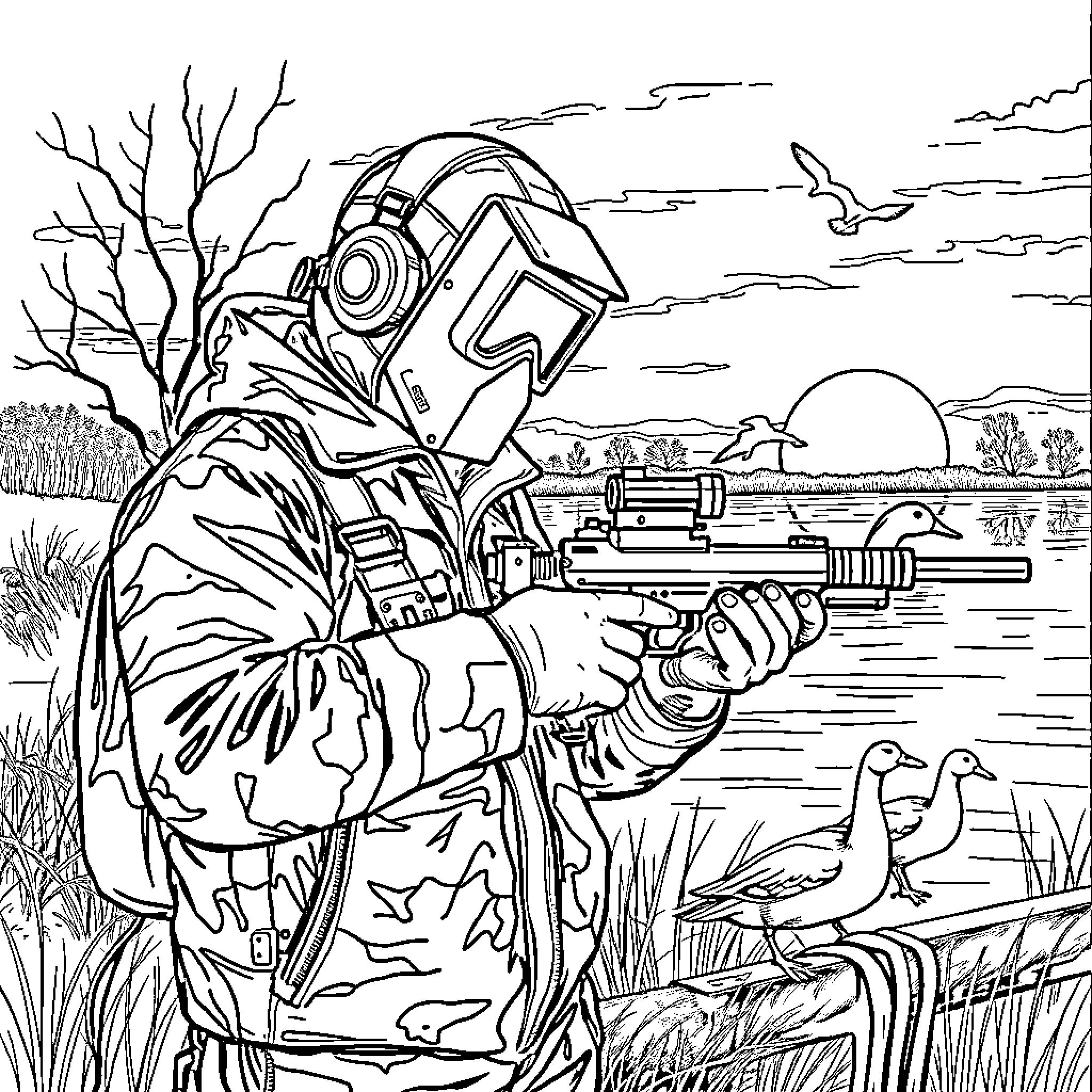 Welder in camouflage hunting waterfowl with rifle Coloring Page (free black-and-white line drawing printable PDF for all, from beginners to advanced learners, including children, teens, adults, and seniors)