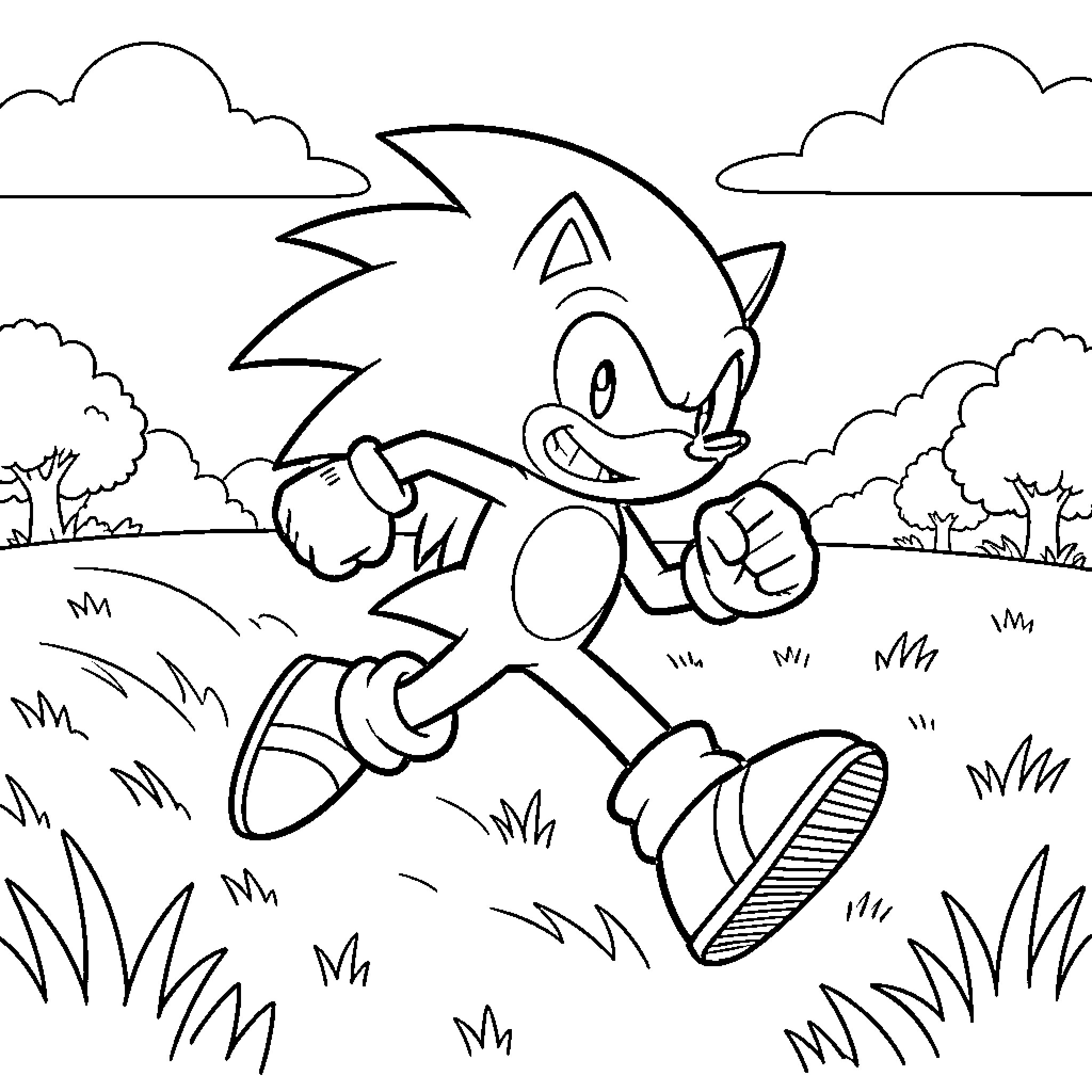 Sonic running energetically through a grassy field Coloring Page (free black-and-white line drawing printable PDF for all, from beginners to advanced learners, including children, teens, adults, and seniors)