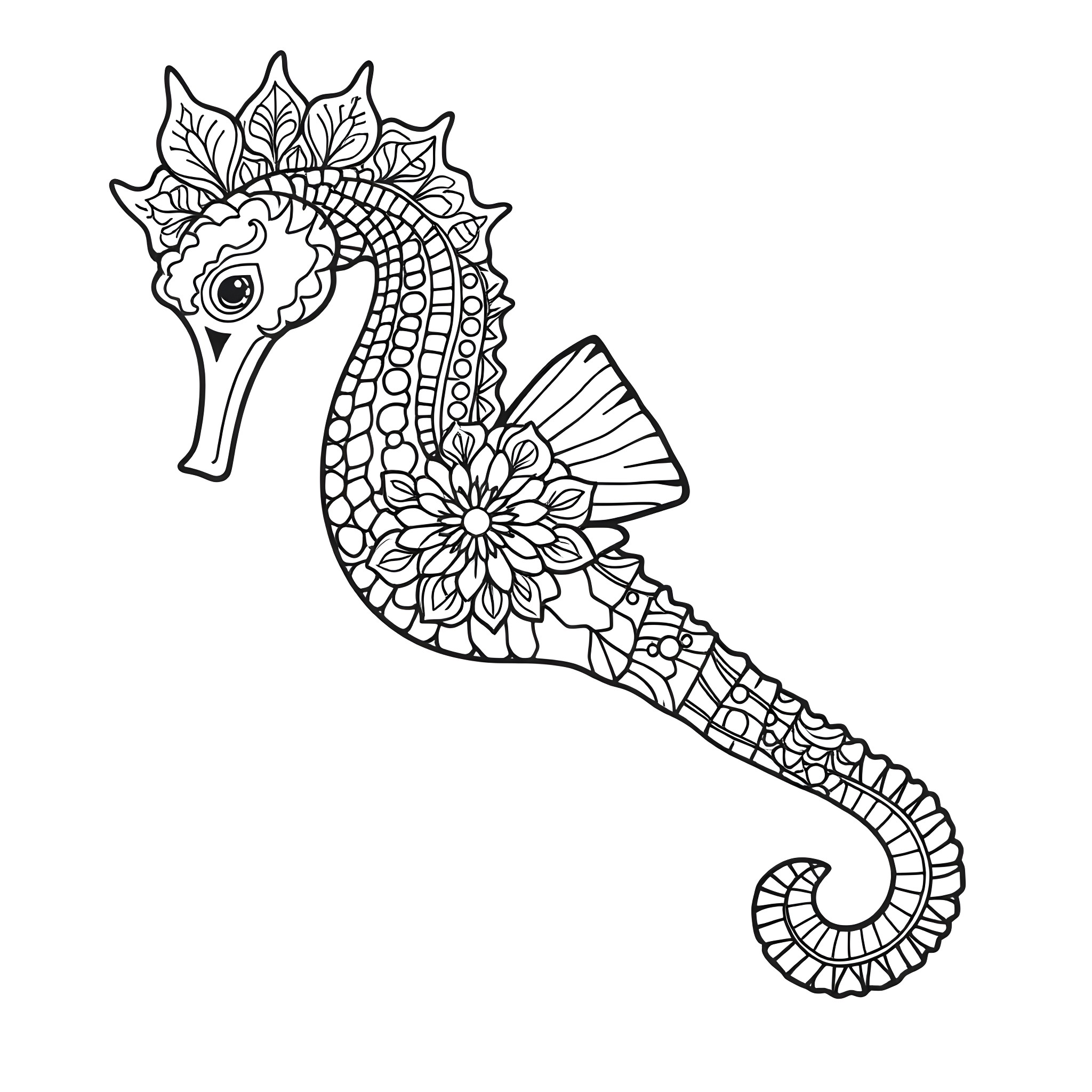 Seahorse with Intricate Floral Patterns Coloring Page (free black-and-white line drawing printable PDF for all, from beginners to advanced learners, including children, teens, adults, and seniors)