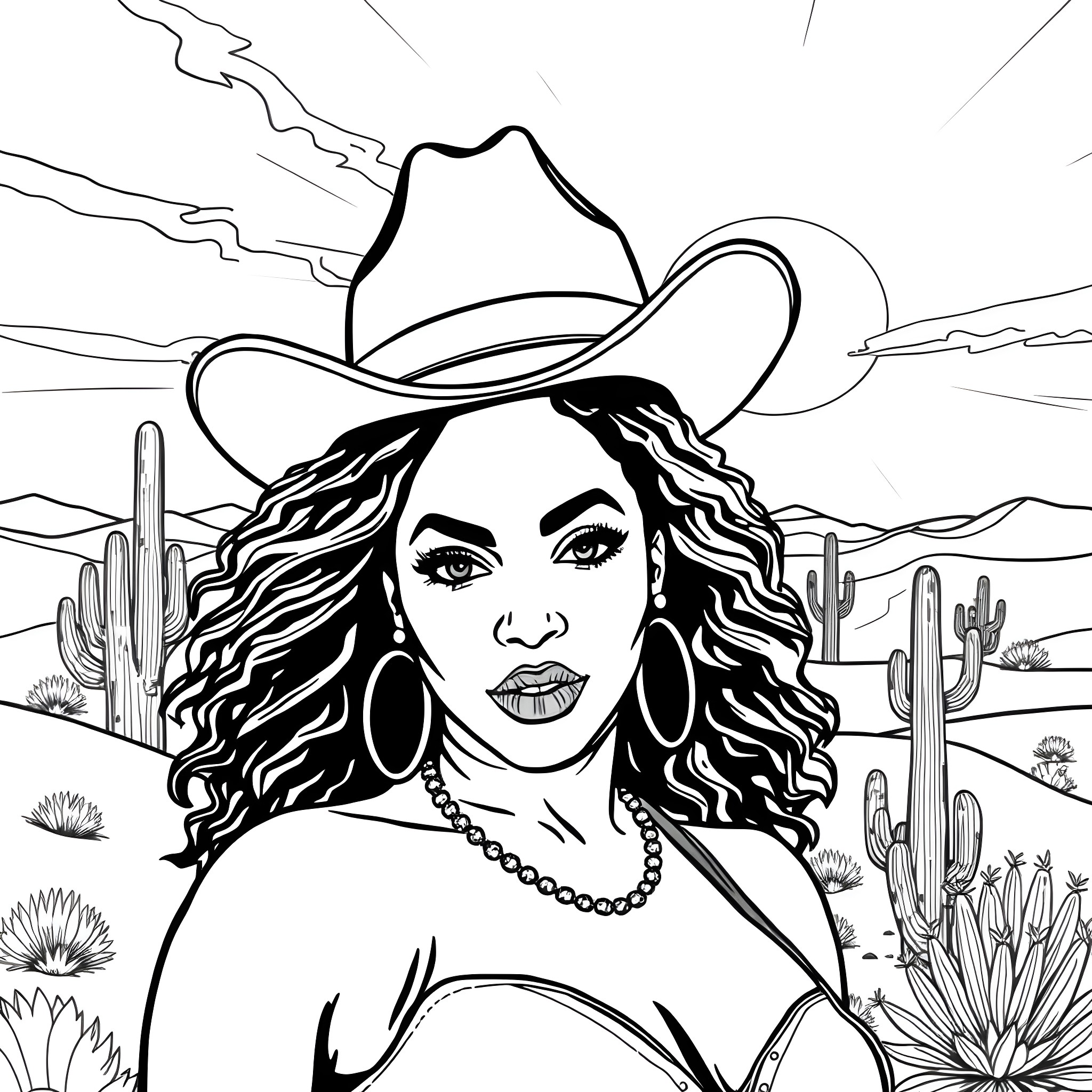Beyonce in a Cowgirl Outfit in the Desert Landscape Coloring Page (free black-and-white line drawing printable PDF for all, from beginners to advanced learners, including children, teens, adults, and seniors)