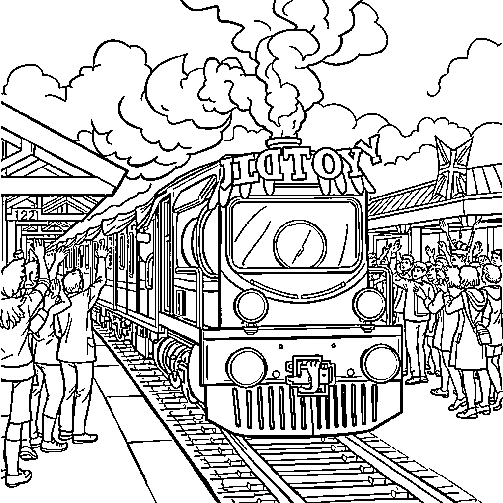 Train departing from a crowded station Coloring Page (free black-and-white line drawing printable PDF for all, from beginners to advanced learners, including children, teens, adults, and seniors)