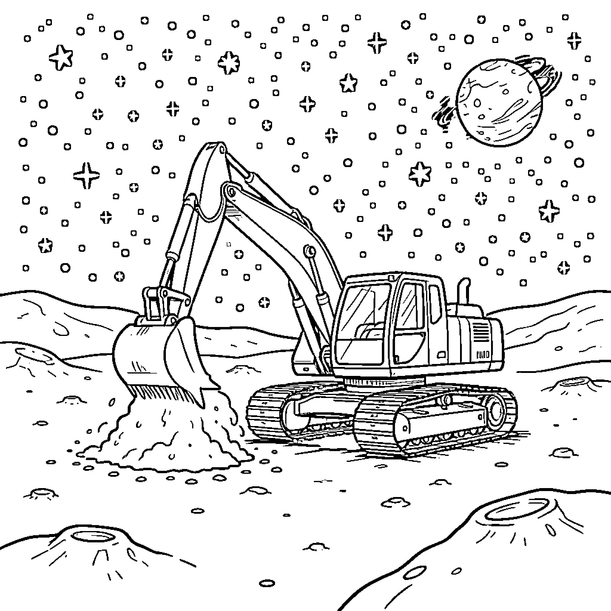 Excavator digging on the surface of the moon Coloring Page (free black-and-white line drawing printable PDF for all, from beginners to advanced learners, including children, teens, adults, and seniors)