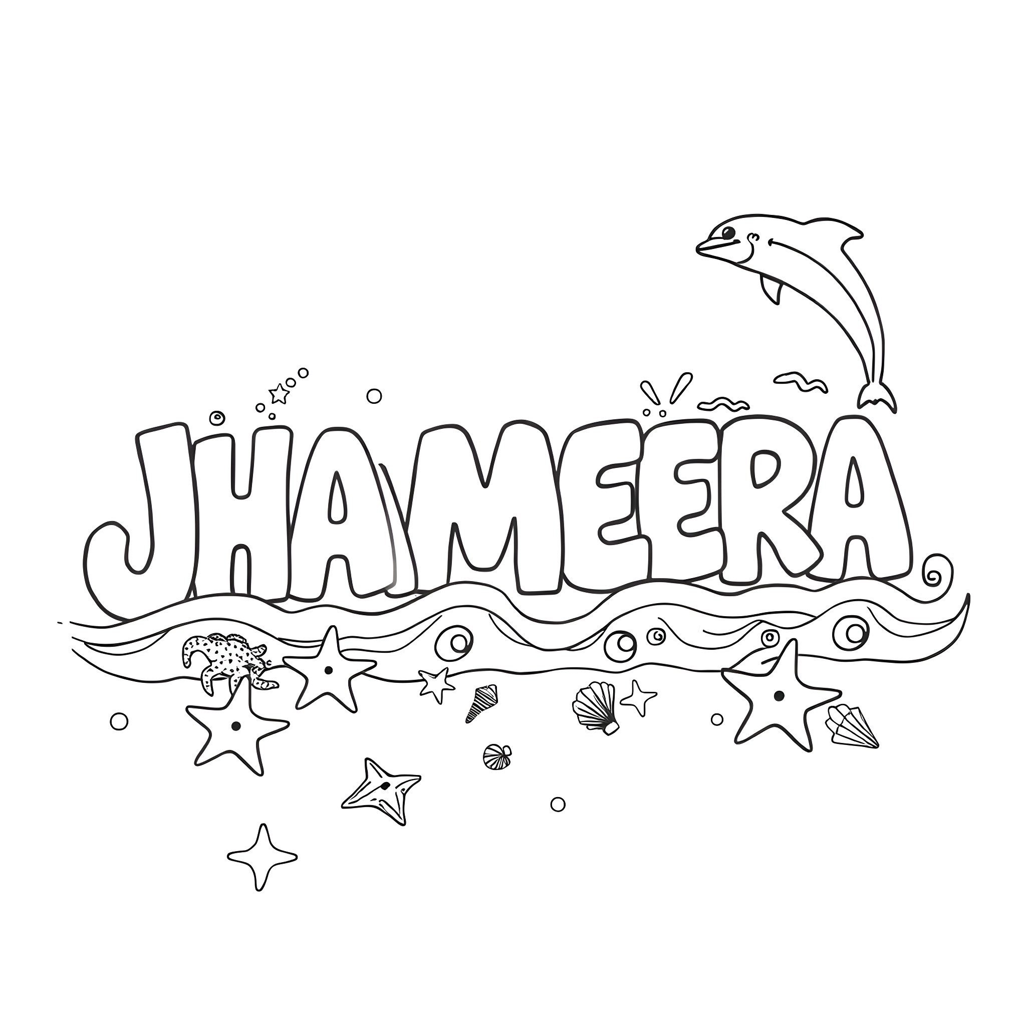 Jha'Meera swimming with marine life Coloring Page (free black-and-white line drawing printable PDF for all, from beginners to advanced learners, including children, teens, adults, and seniors)