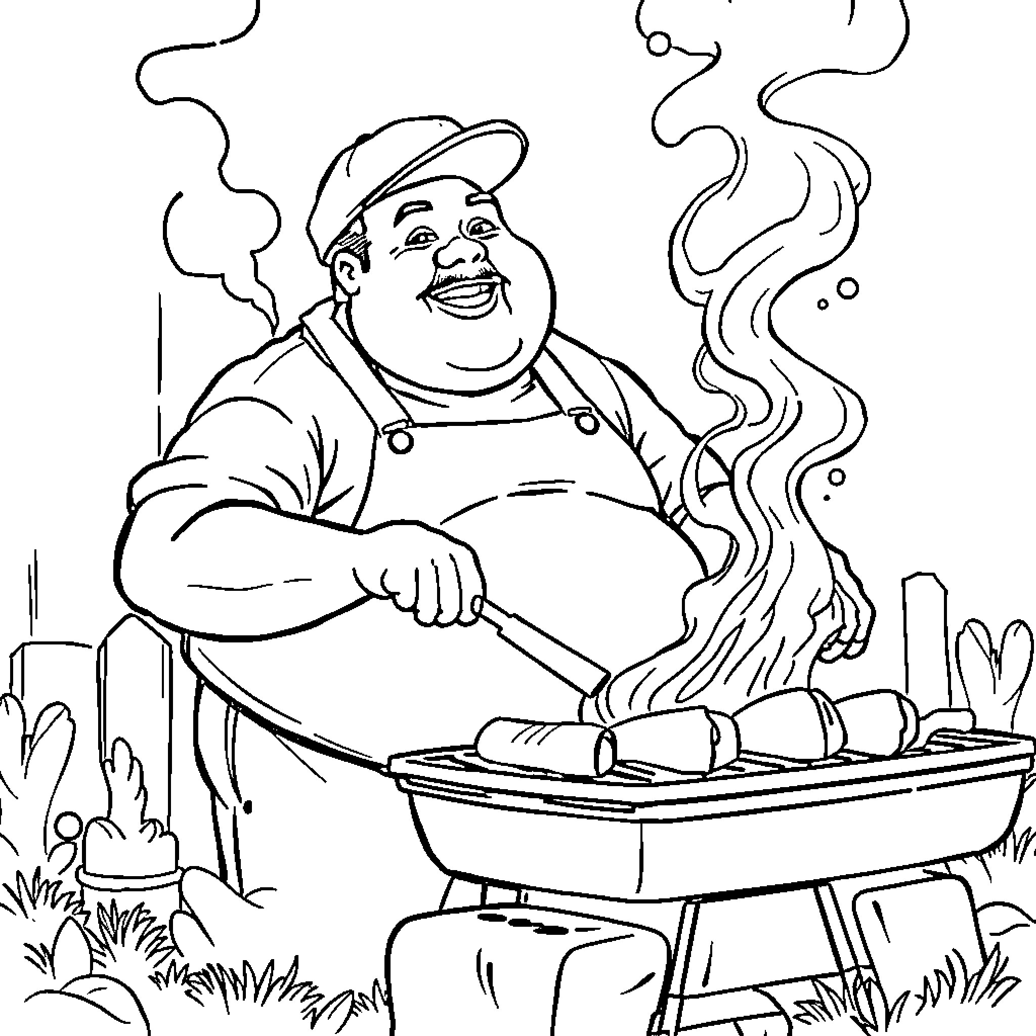 Man Enjoying a Hearty Barbeque on a Summer Day Coloring Page (free black-and-white line drawing printable PDF for all, from beginners to advanced learners, including children, teens, adults, and seniors)