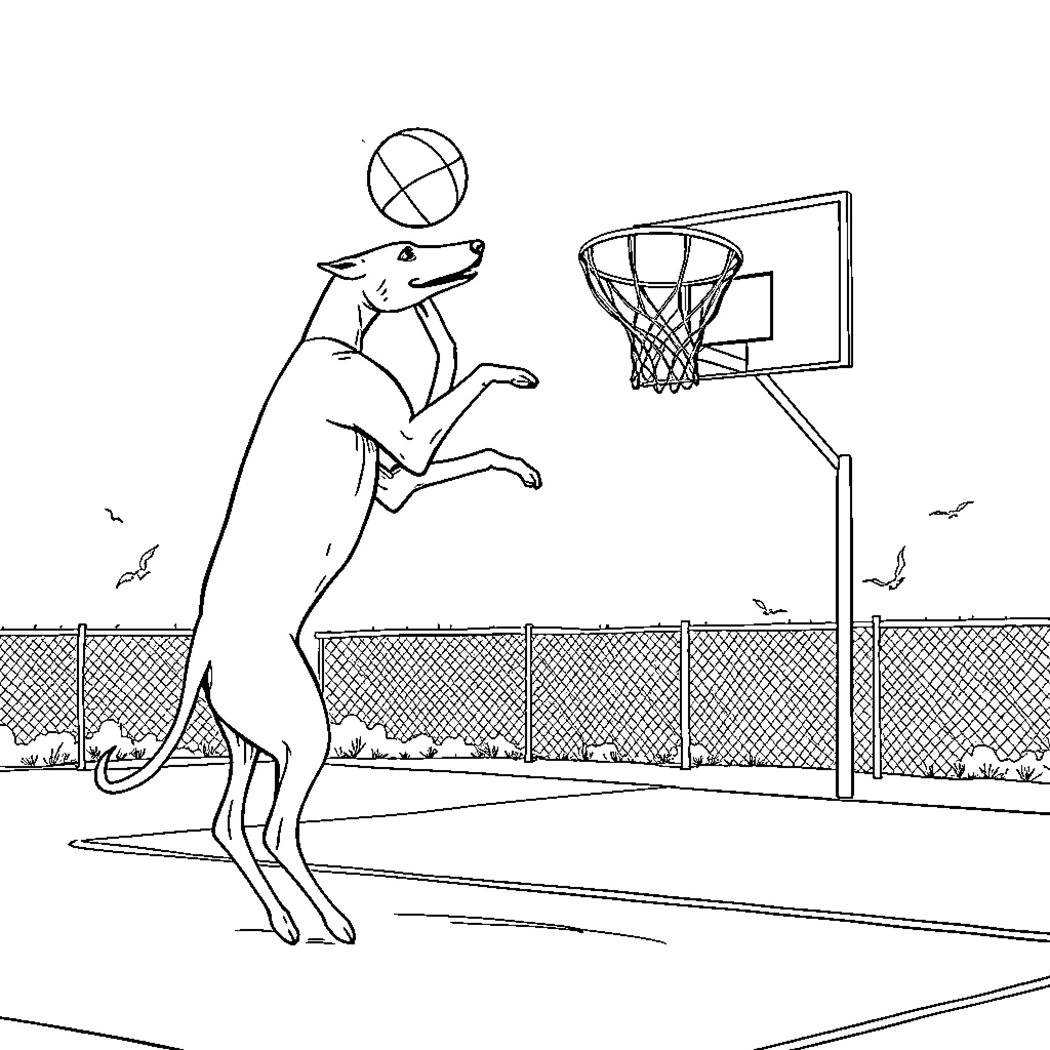 Greyhound playing basketball on a court Coloring Page (free black-and-white line drawing printable PDF for all, from beginners to advanced learners, including children, teens, adults, and seniors)