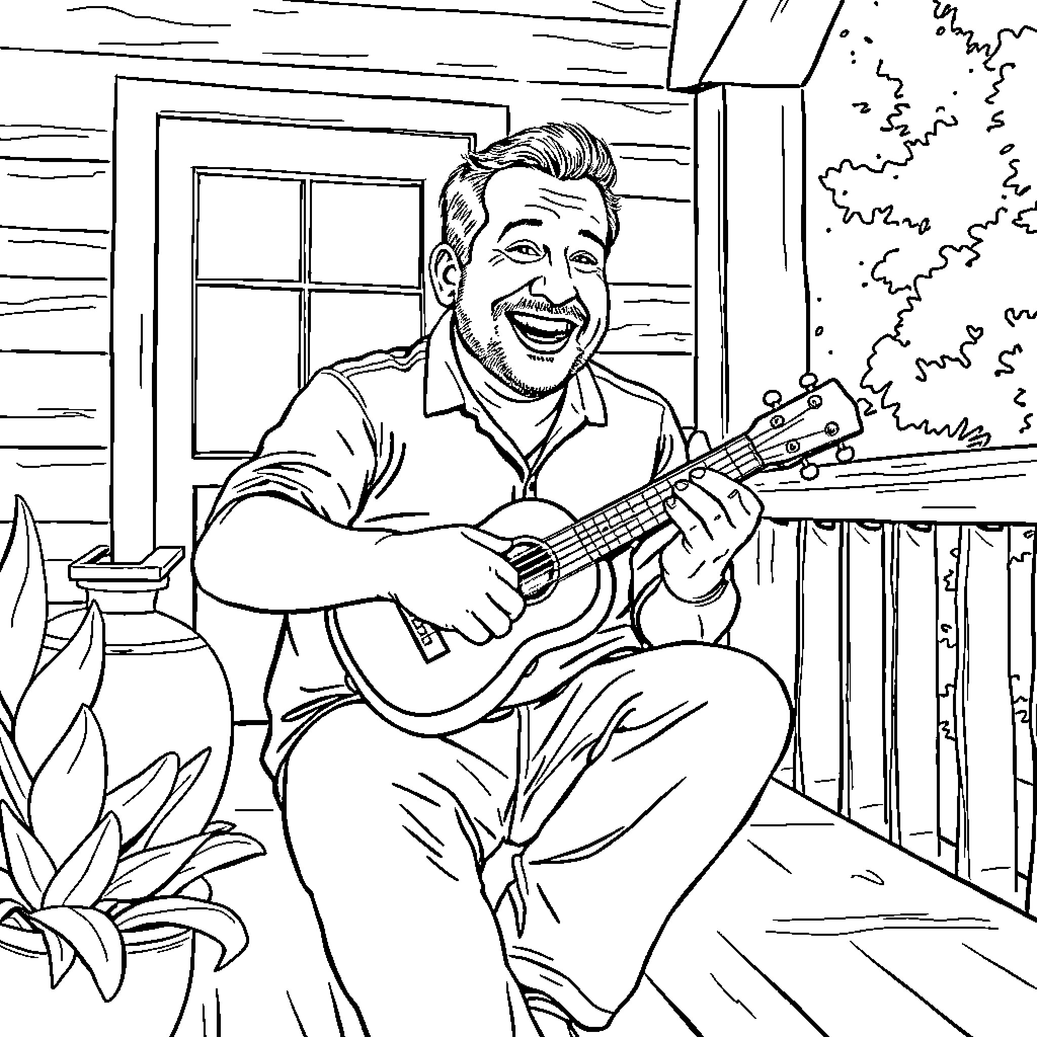 Adam Sandler playing guitar on a rustic porch Coloring Page (free black-and-white line drawing printable PDF for all, from beginners to advanced learners, including children, teens, adults, and seniors)