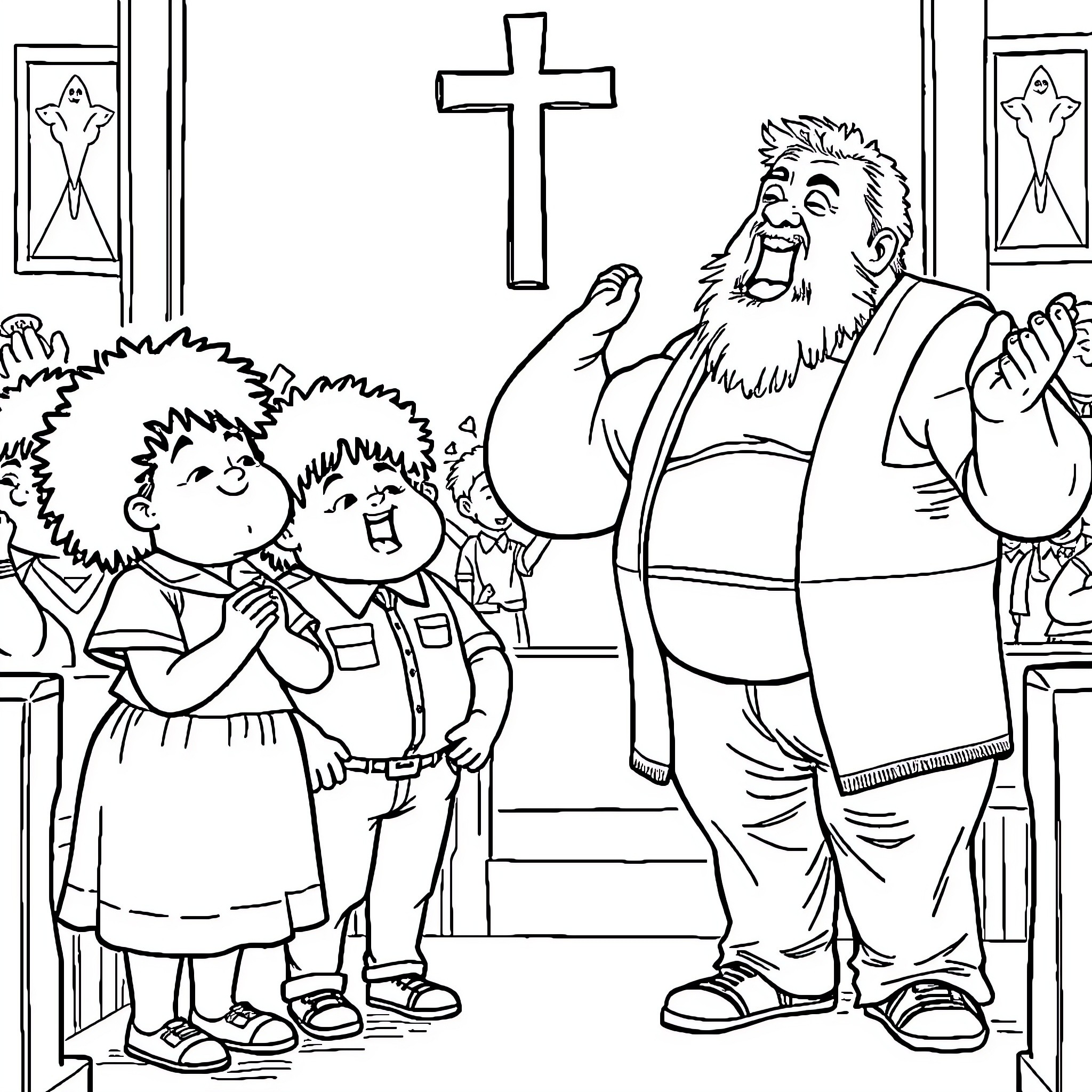 Missionary Preaching in Church with Congregation Coloring Page (free black-and-white line drawing printable PDF for all, from beginners to advanced learners, including children, teens, adults, and seniors)