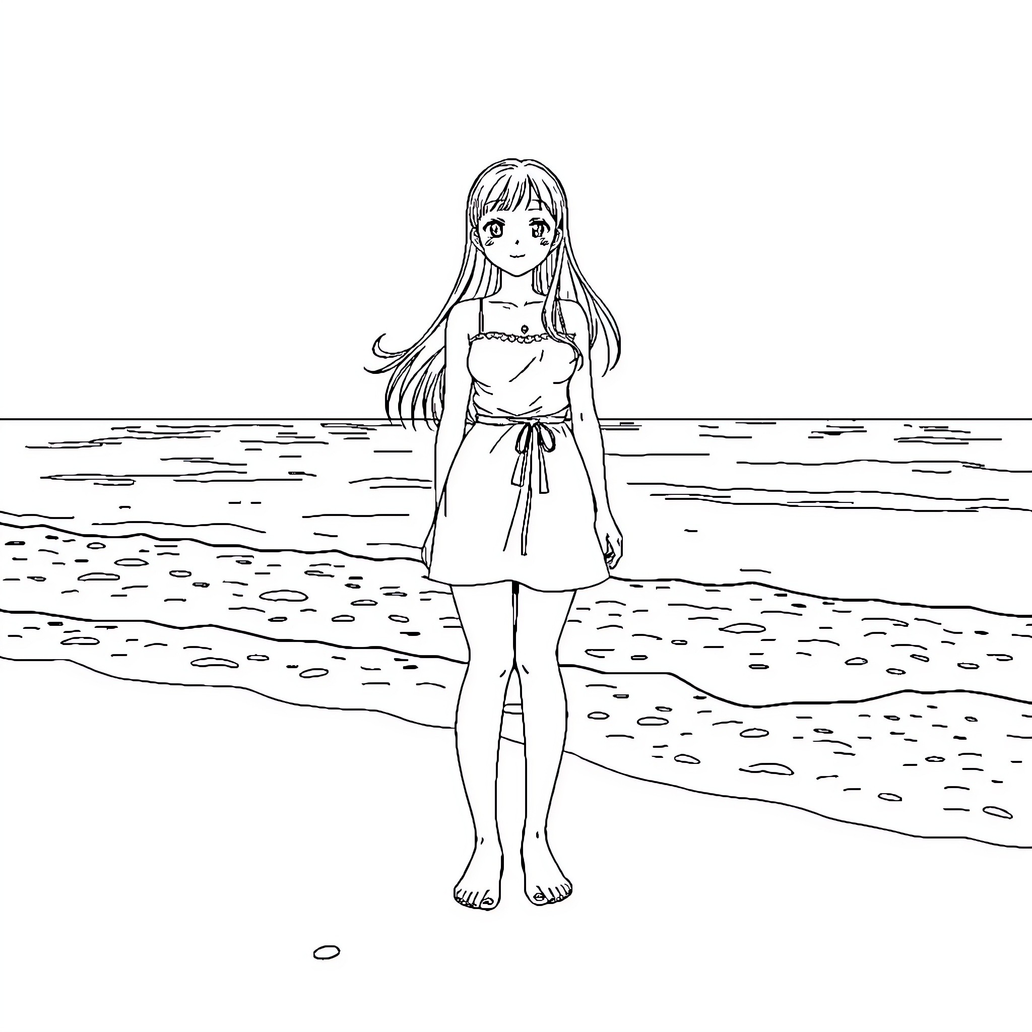 Nezuko enjoying a peaceful moment by the beach Coloring Page (free black-and-white line drawing printable PDF for all, from beginners to advanced learners, including children, teens, adults, and seniors)