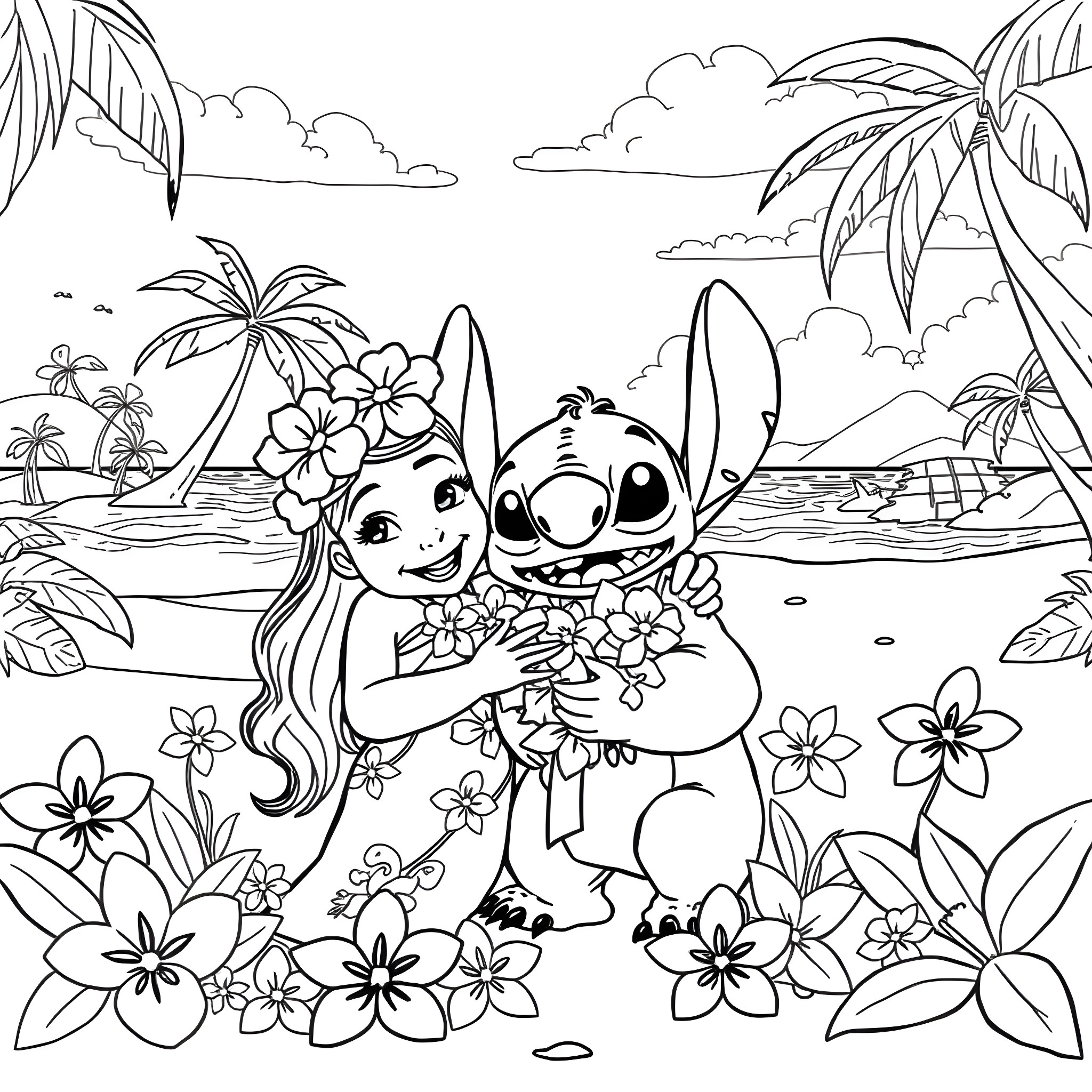 Lilo playing happily with Stitch in the tropical island Coloring Page (free black-and-white line drawing printable PDF for all, from beginners to advanced learners, including children, teens, adults, and seniors)